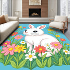 Whimsical White Bunny Floral Meadow Rug