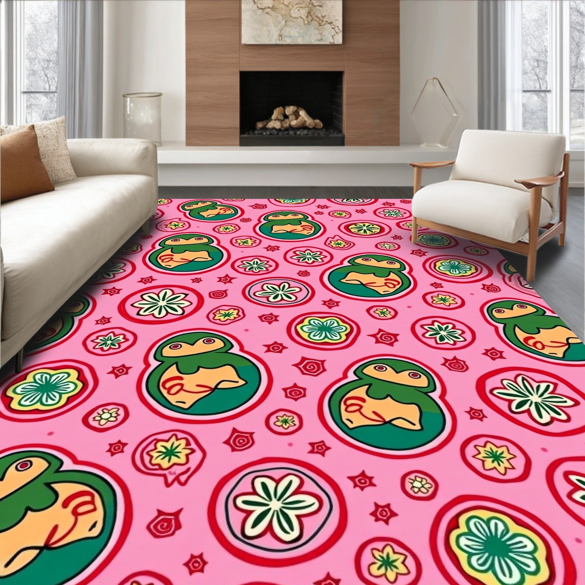 Whimsical Pink Figures Floral Bloom Rug