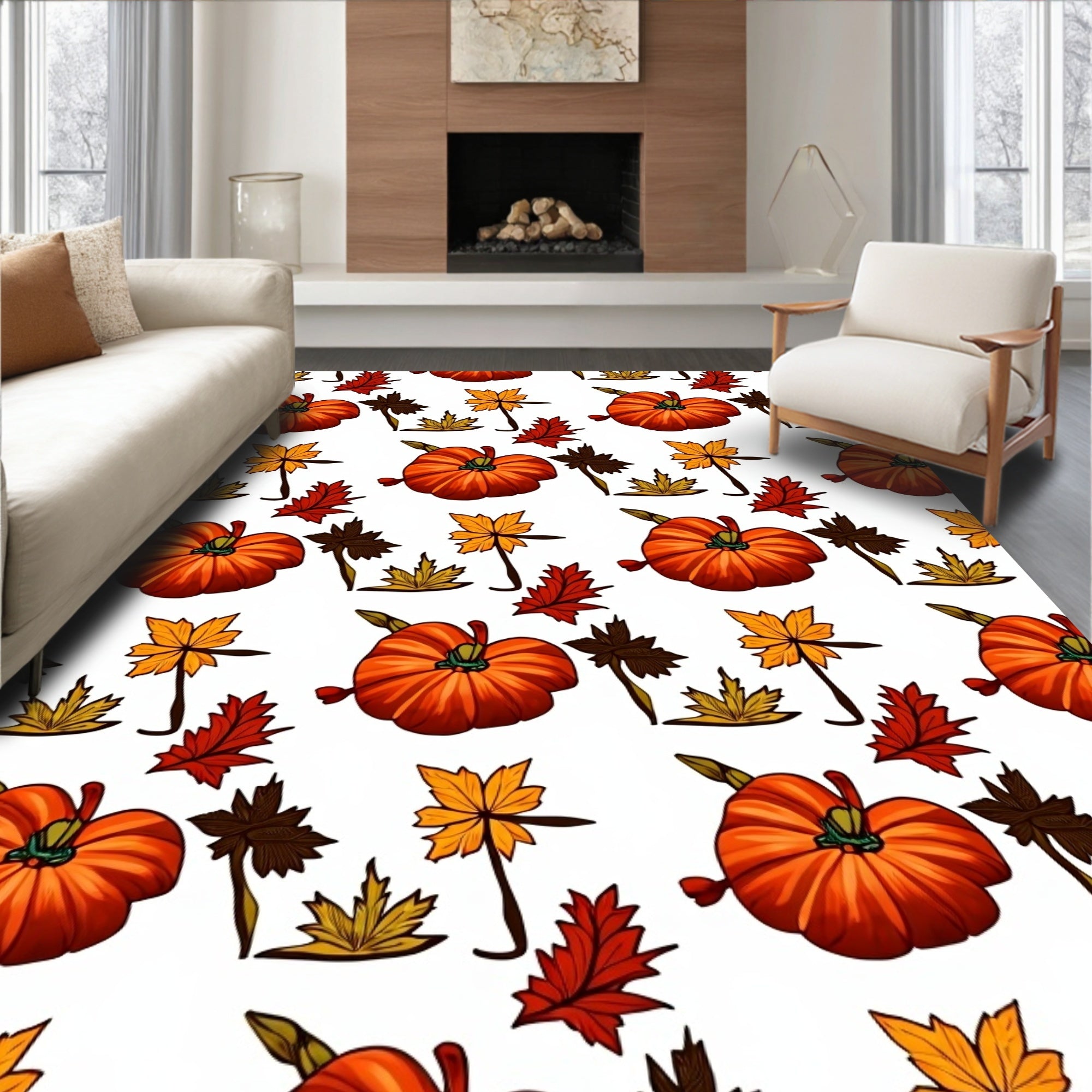 Harvest Orange Pumpkin Foliage Pattern Rug