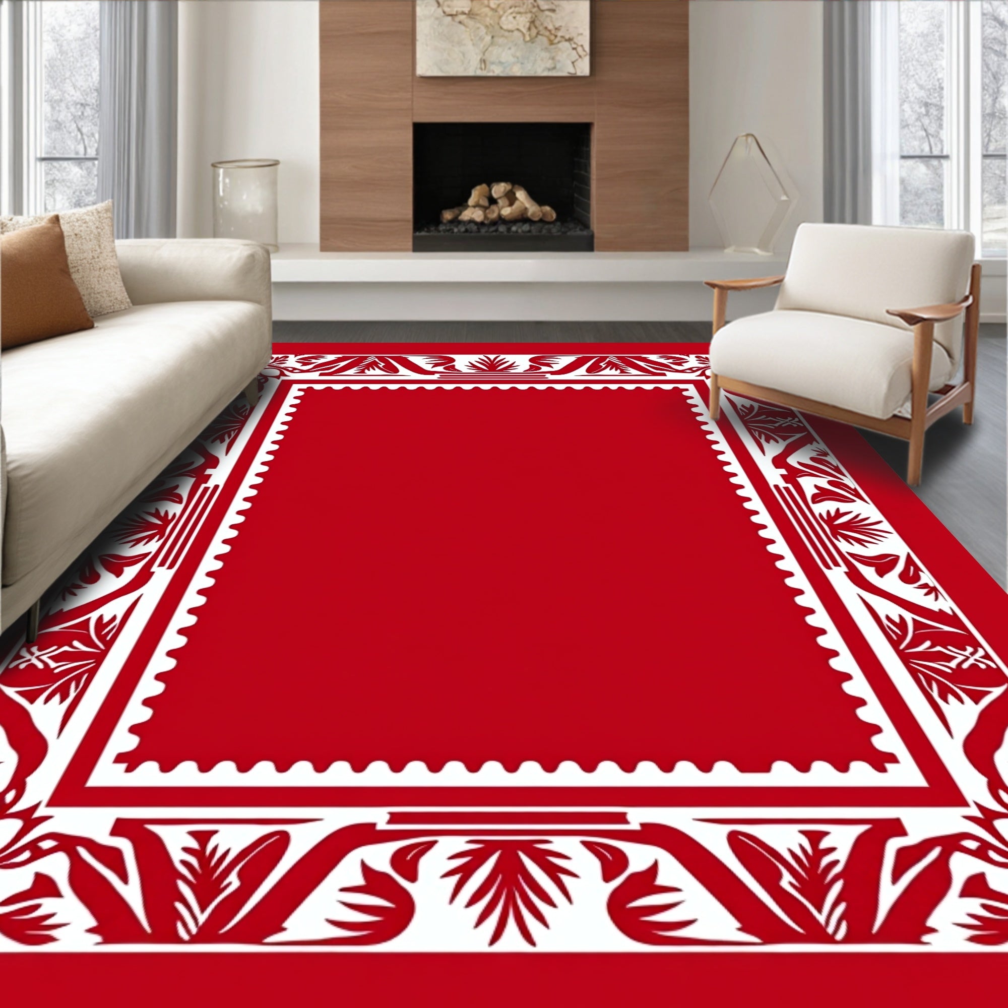 Crimson White Floral Border Rug