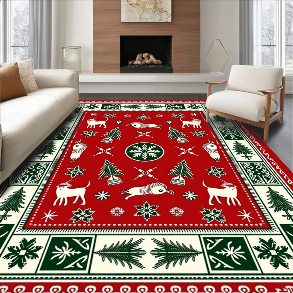 Red Cream Forest Whimsical Animal Rug