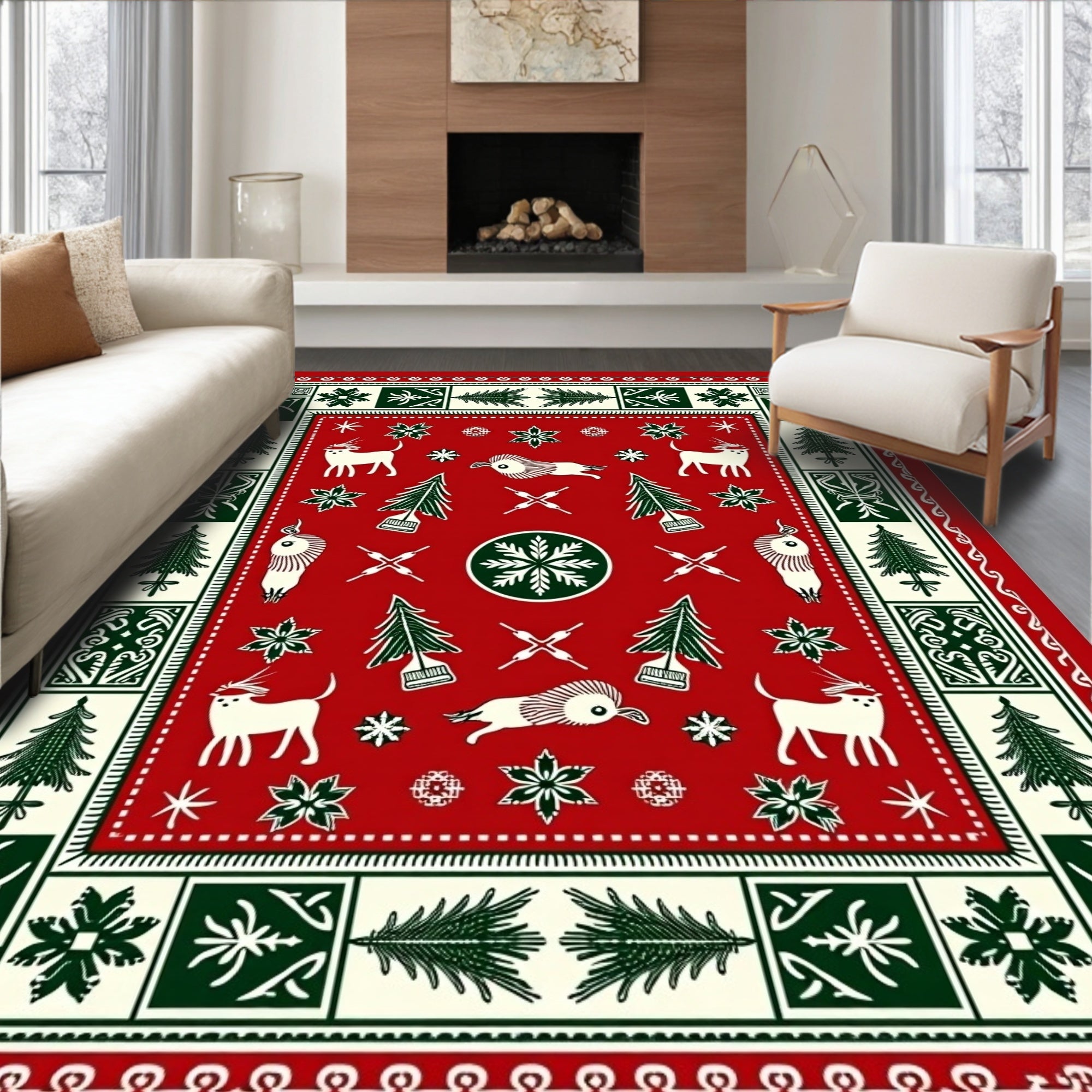 Red Cream Forest Whimsical Animal Rug