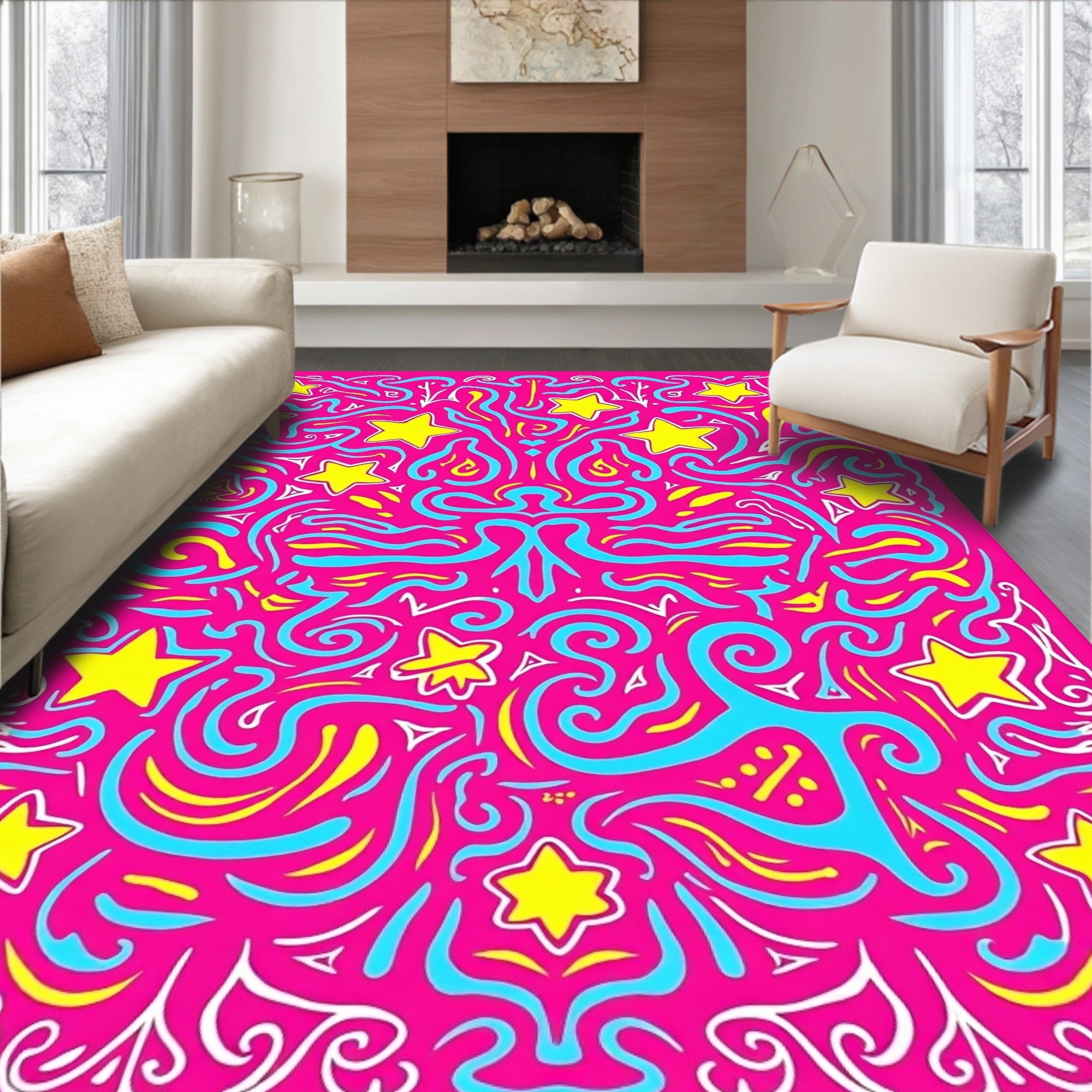 Pink Yellow Blue Whimsical Stars Rug