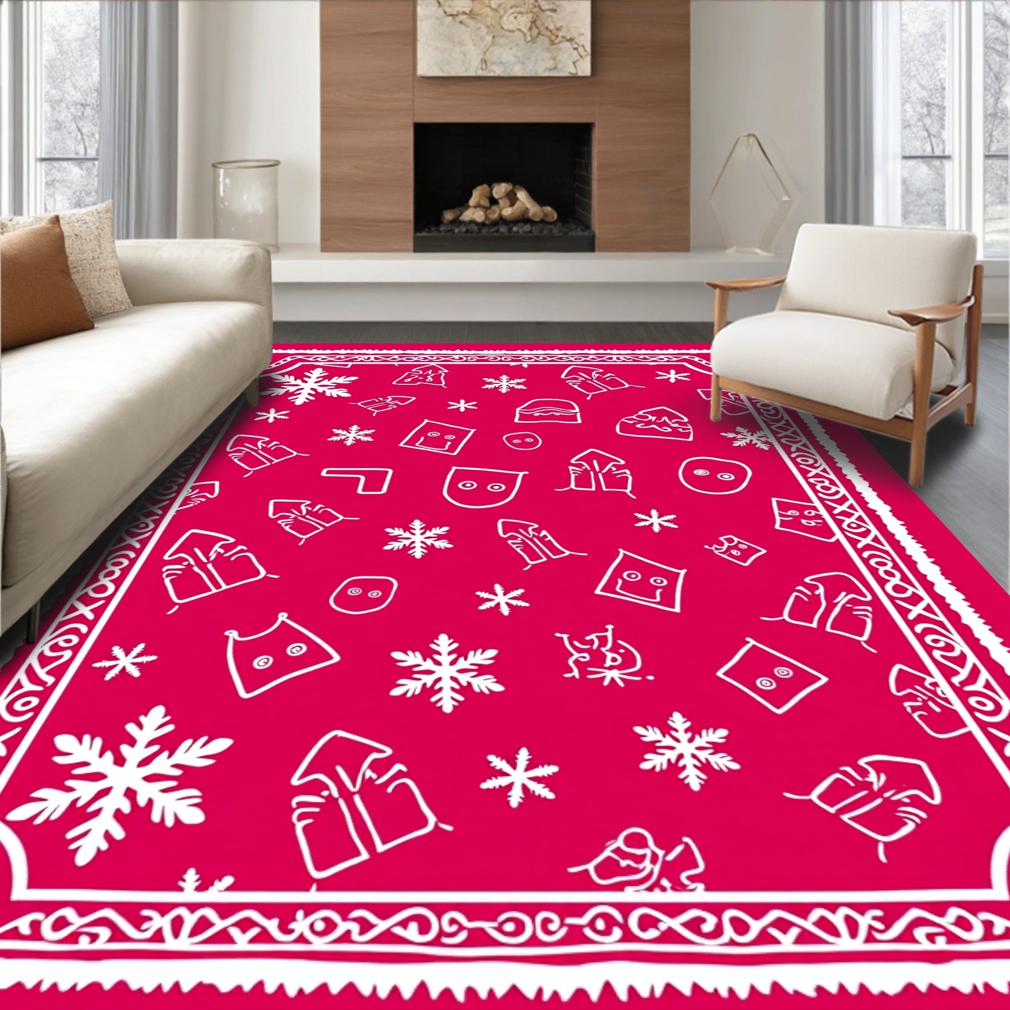 Whimsical Red Snowflake Character Collage Rug