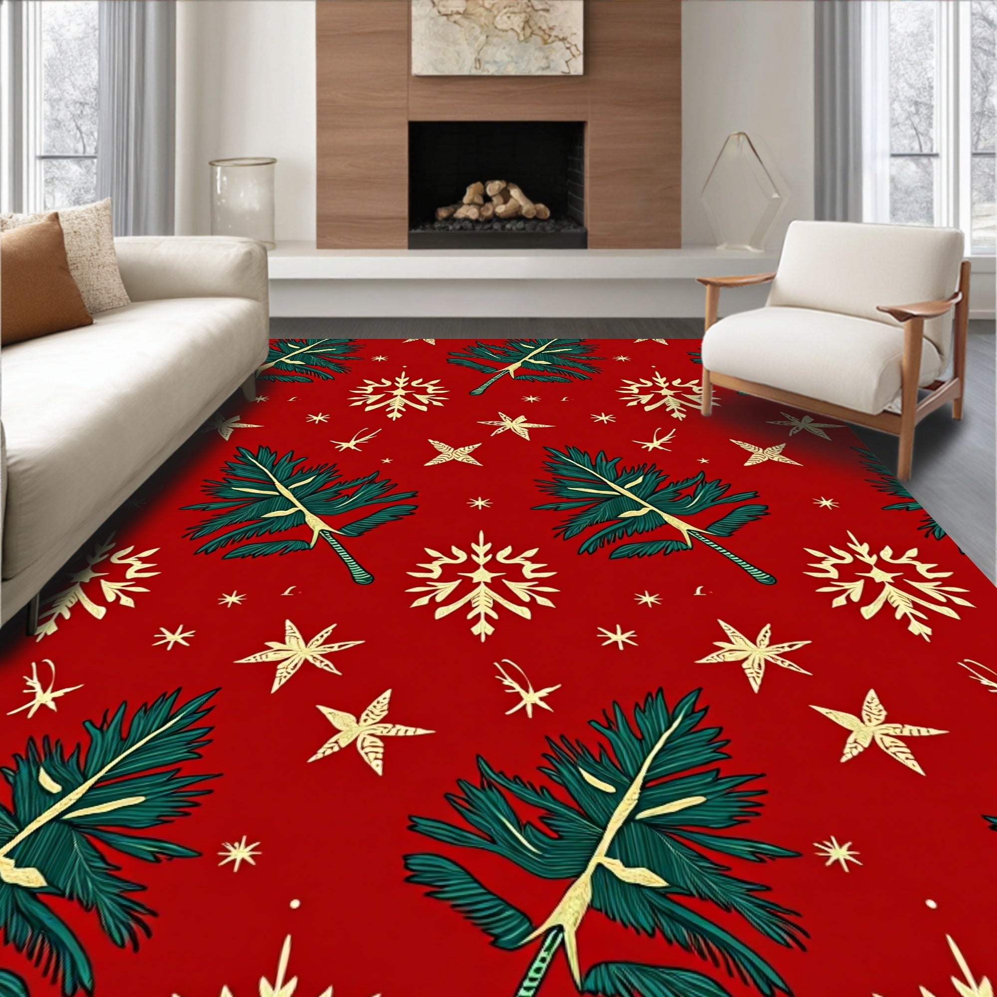 Red Woodland Pine Snowflake Yuletide Rug