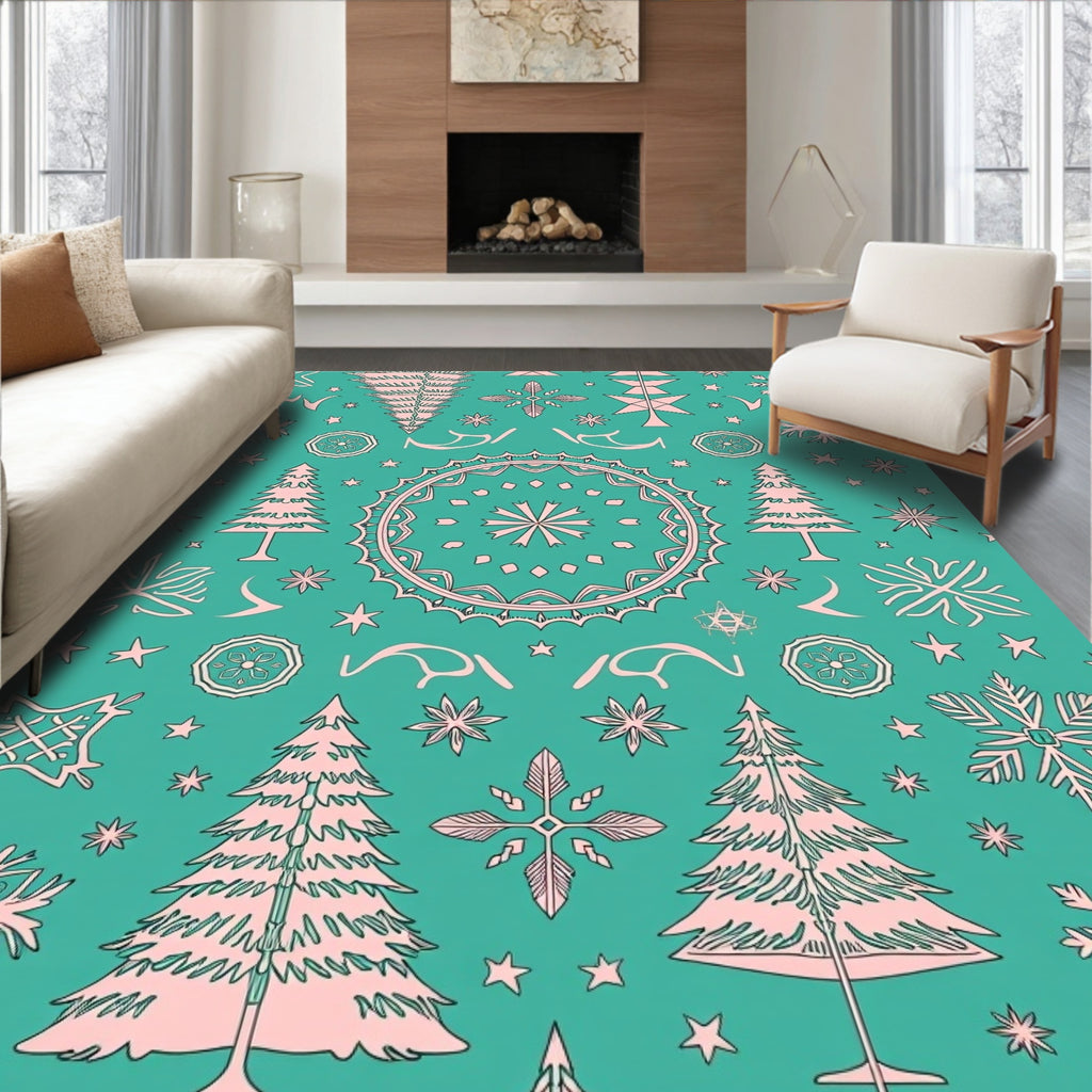 Teal Pink Christmas Tree Snowflake Medallion Rug