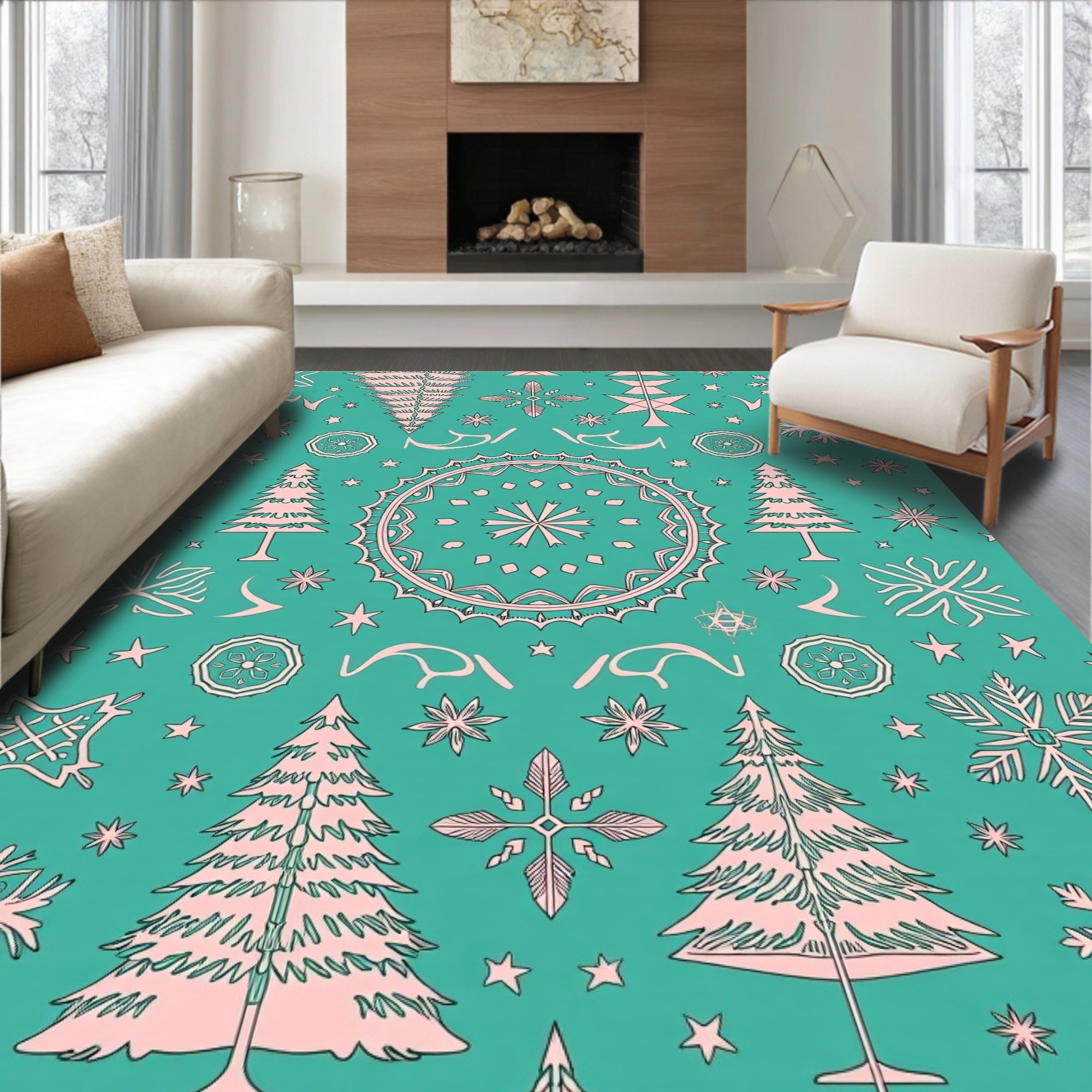 Teal Pink Christmas Tree Snowflake Medallion Rug