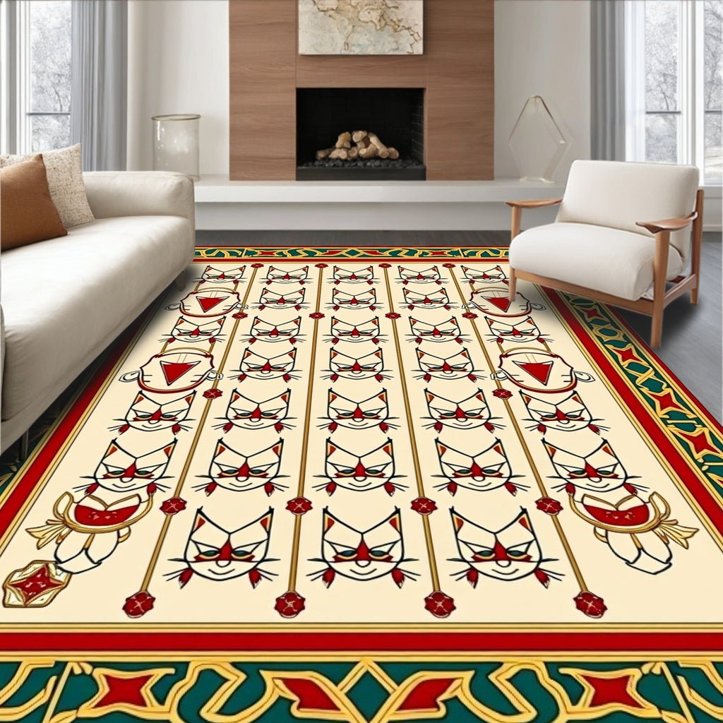 Whimsical Red Cat Border Cream Rug