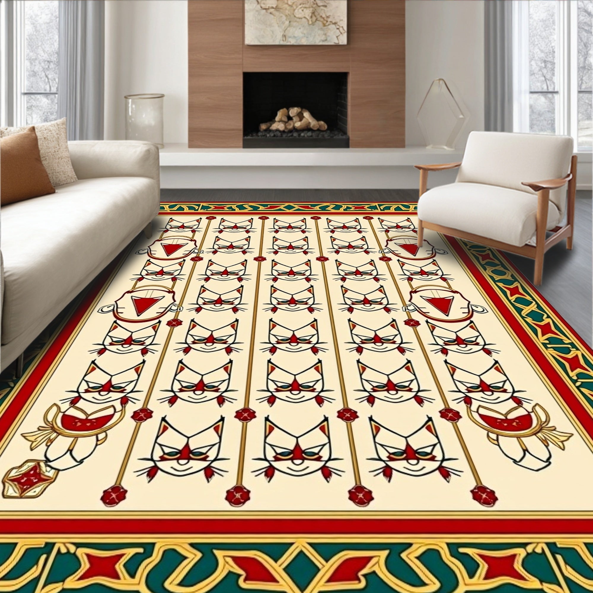 Whimsical Red Cat Border Cream Rug