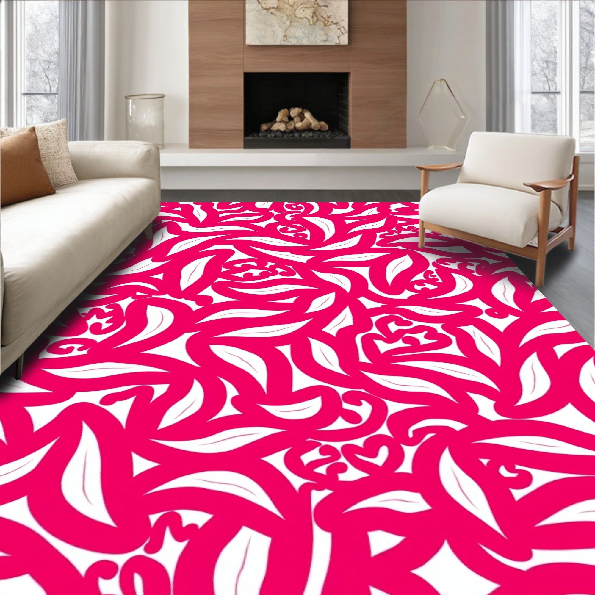 Vibrant Hot Pink Abstract Foliage Rug