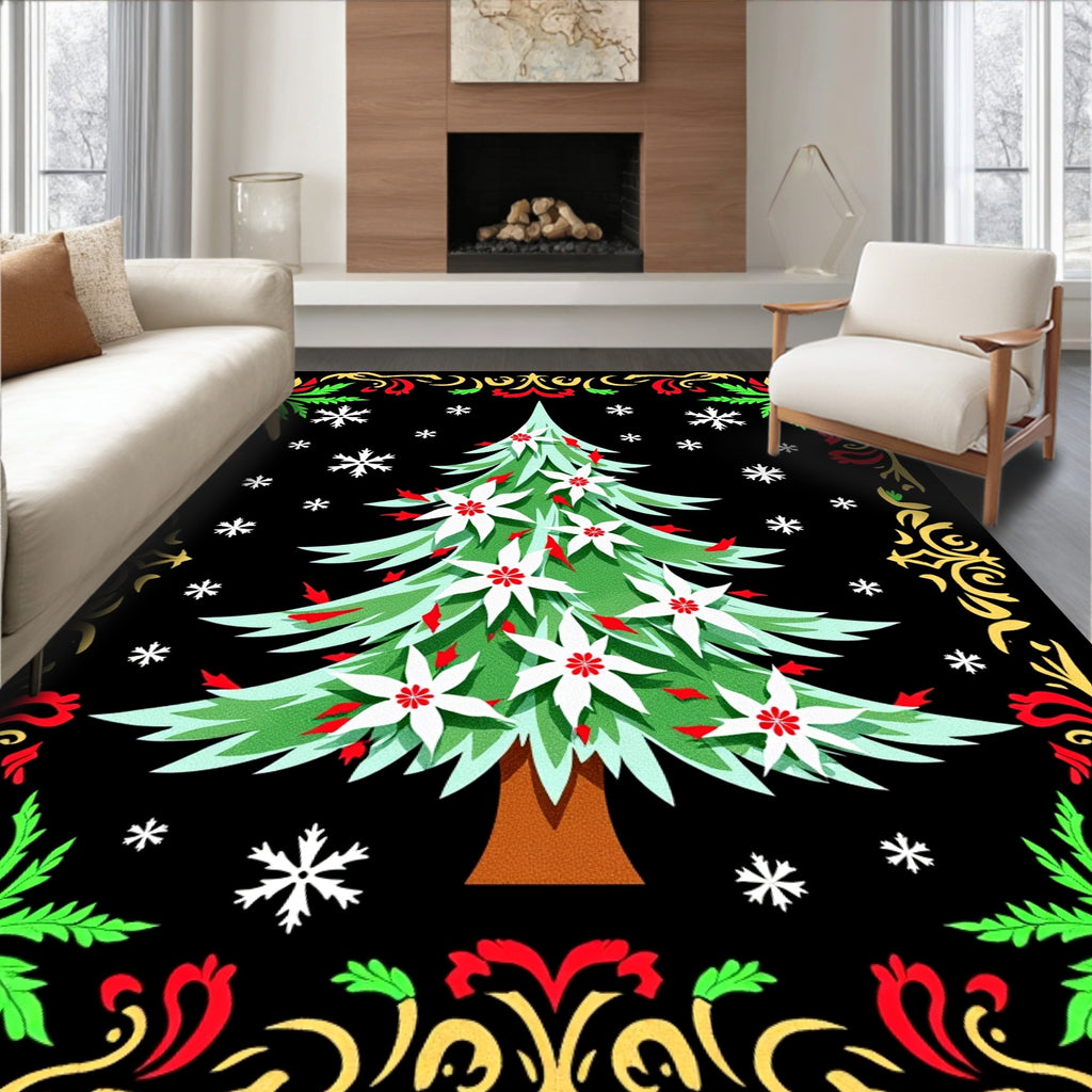 Festive Christmas Tree Poinsettia Snowflakes Rug