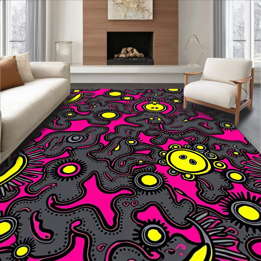 Bold Pink Yellow Microscopic Organism Rug