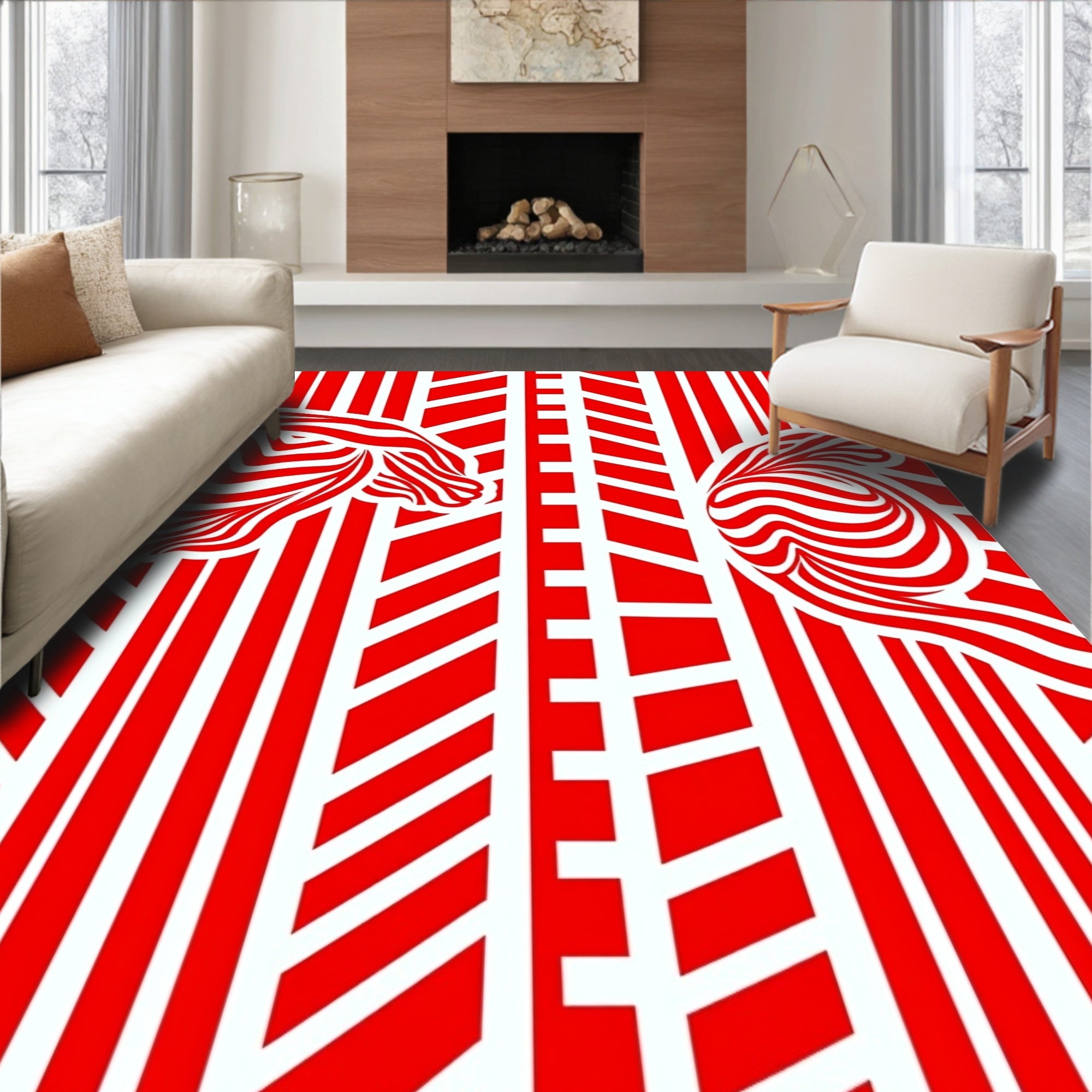 Red White Stripped Organic Form Rug
