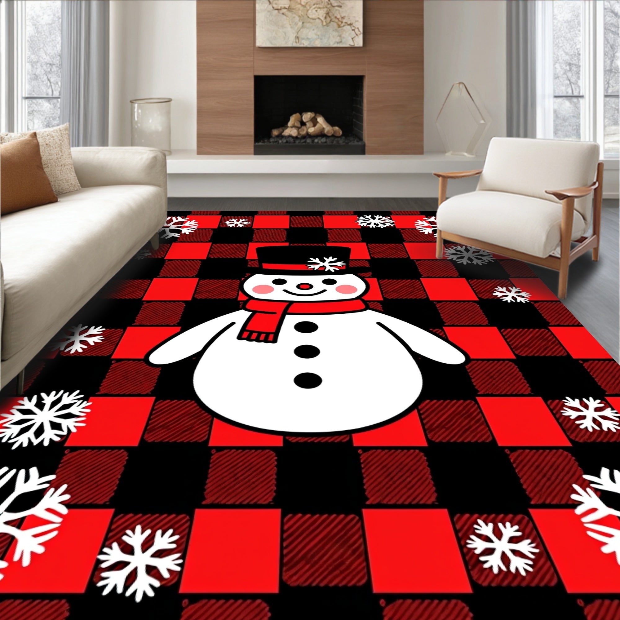 Red Buffalo Plaid Snowman Snowflake Rug