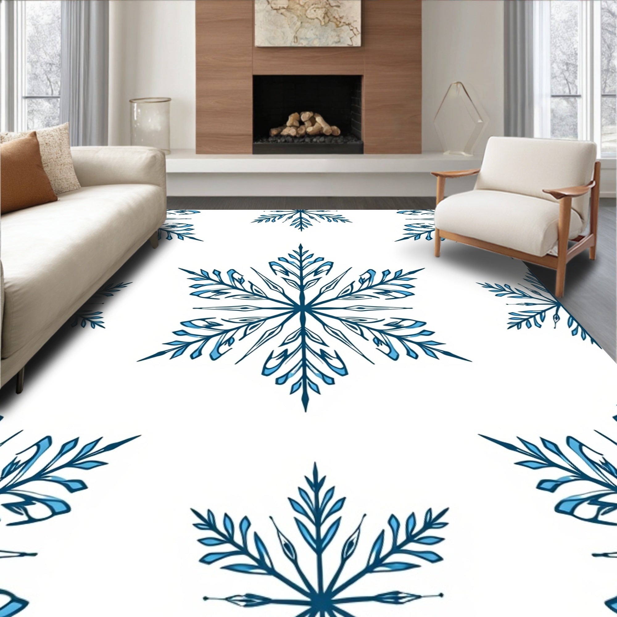 Dark Blue Snowflake Outline Textile Rug