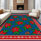 Red Poinsettia Blue Green Festive Rug