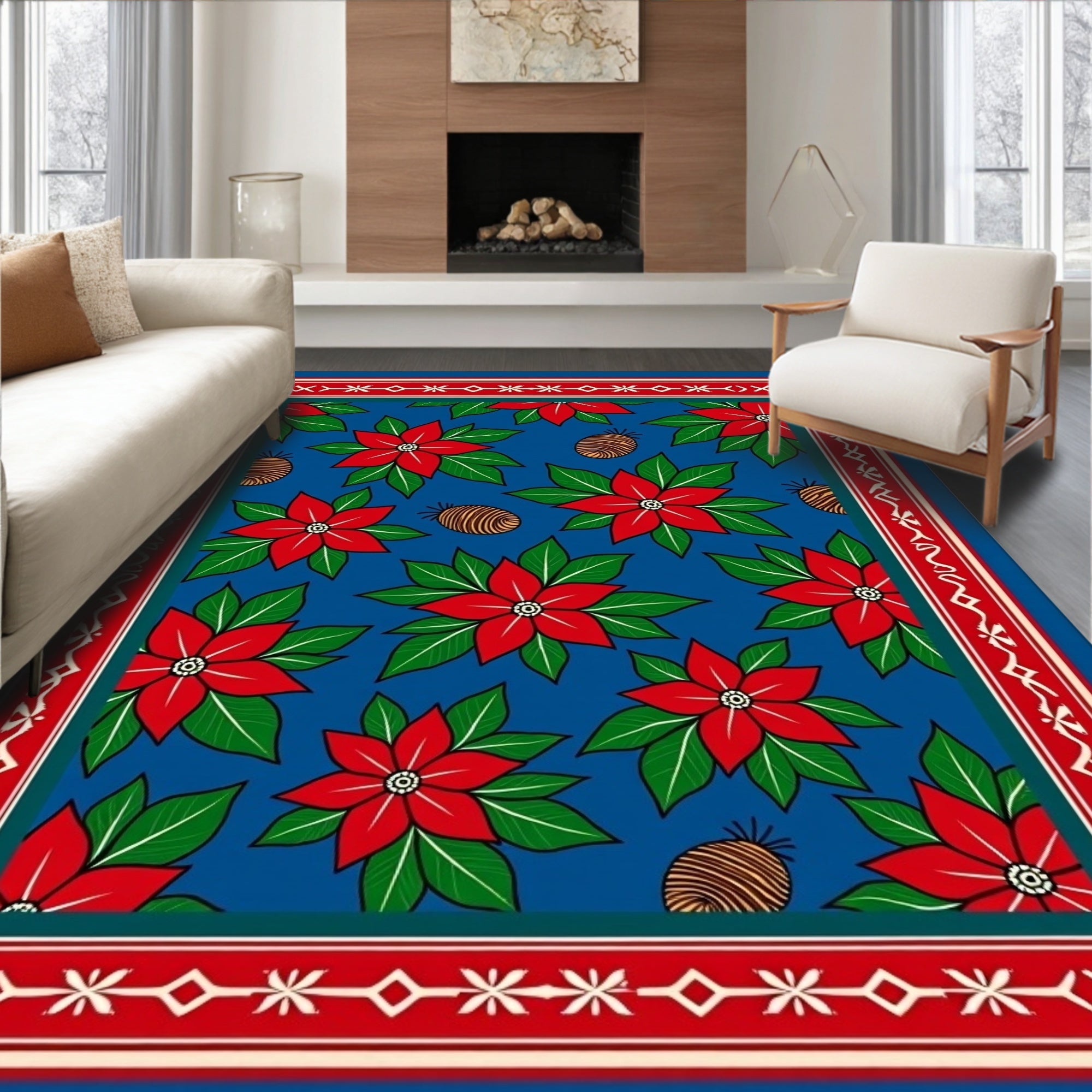 Red Poinsettia Blue Green Festive Rug