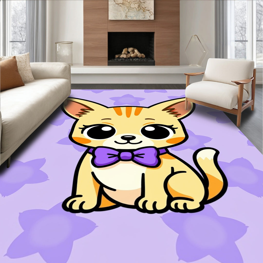 Cute Foxy Orange Cat Purple Bow Rug