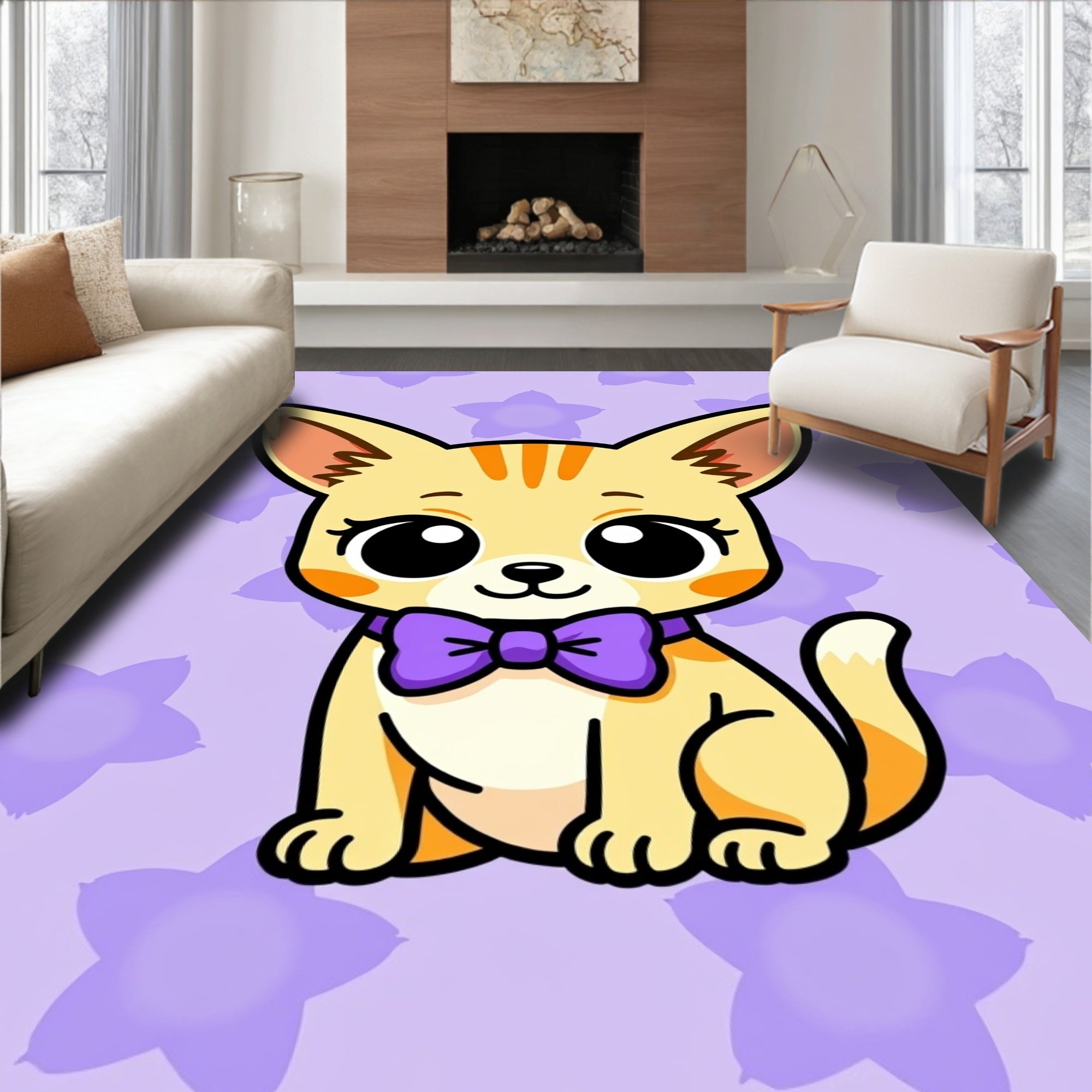 Cute Foxy Orange Cat Purple Bow Rug