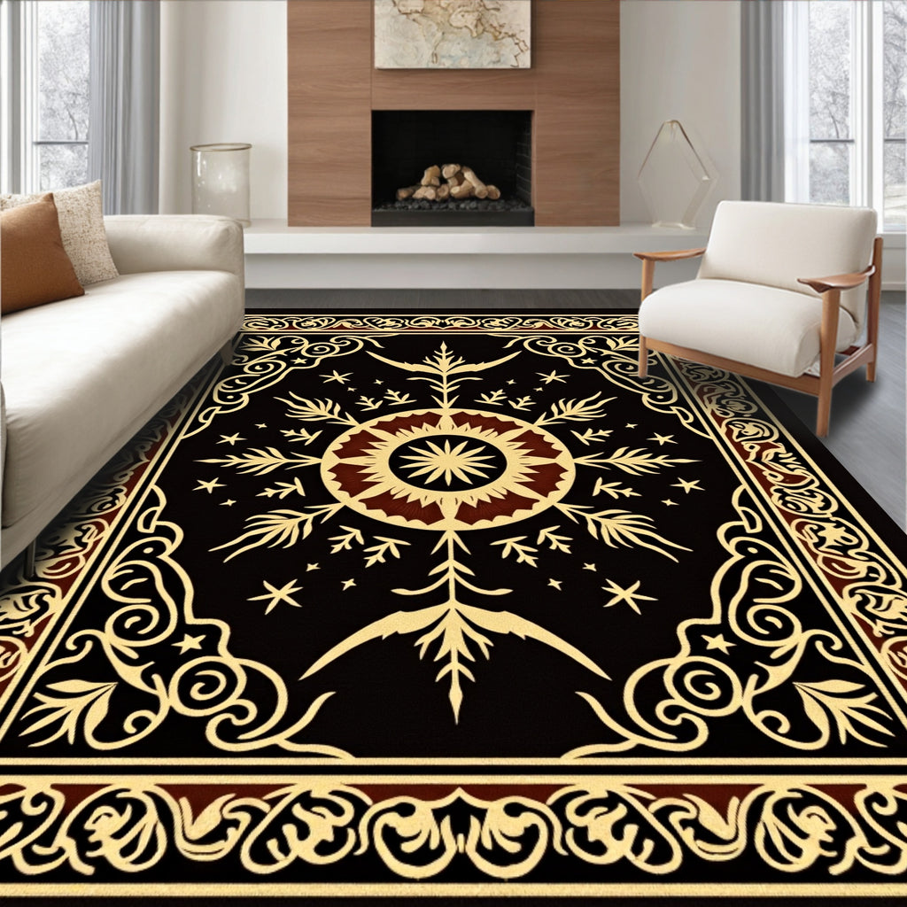 Black Golden Floral Medallion Starburst Rug
