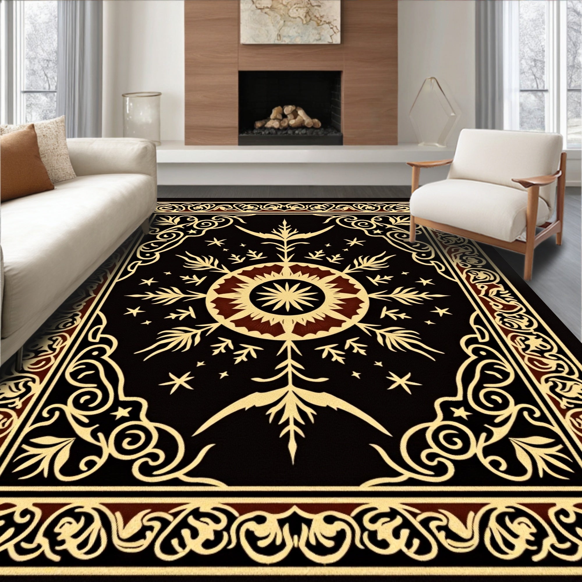Black Golden Floral Medallion Starburst Rug