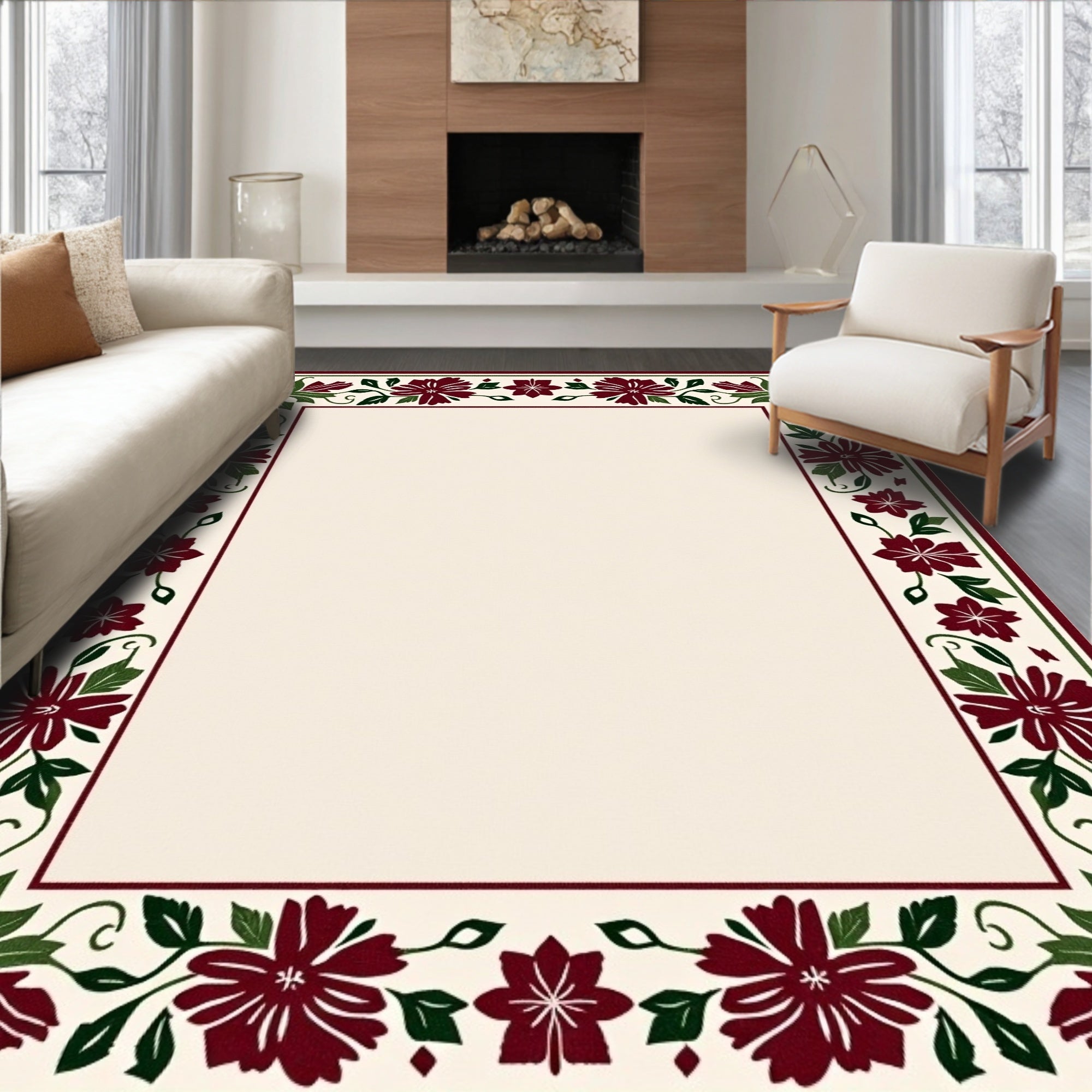 Crimson Green Floral Vine Border Rug
