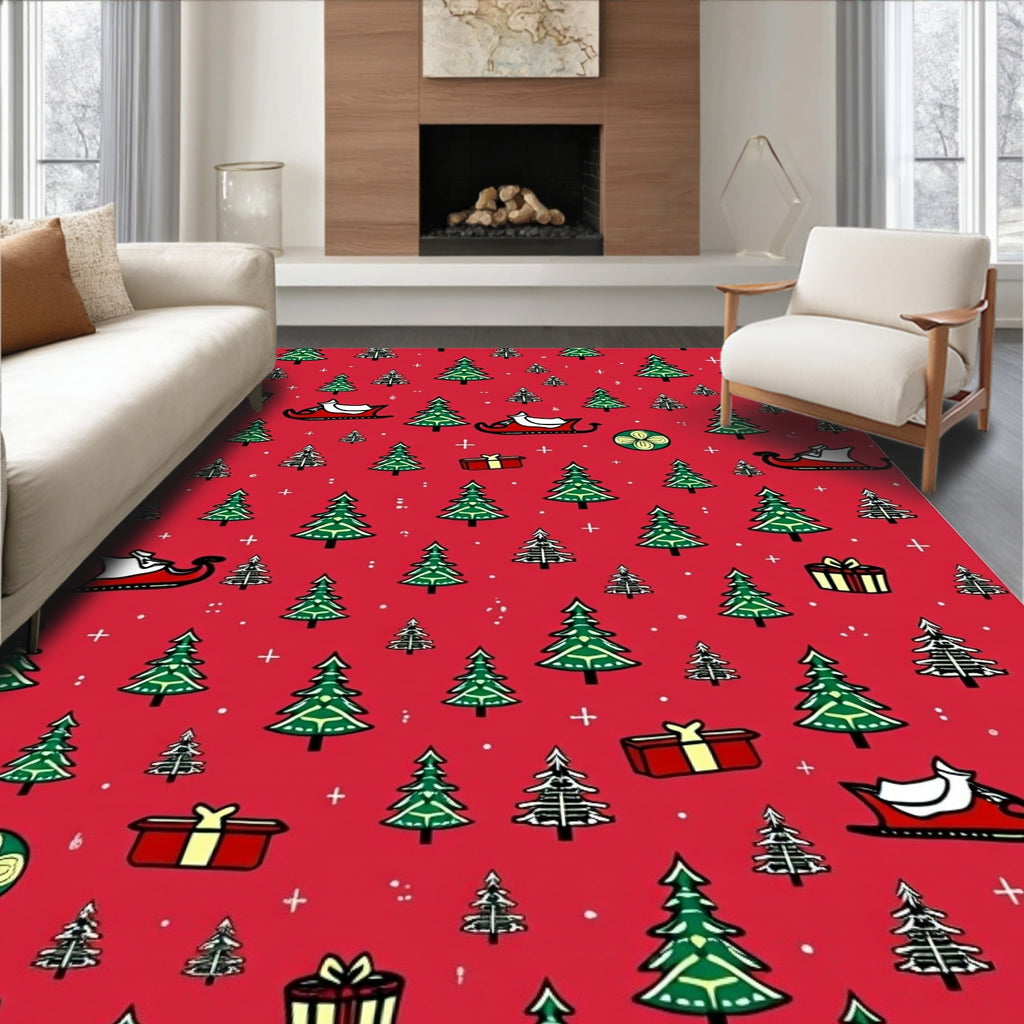 Jolly Red Christmas Trees and Sleighs Rug