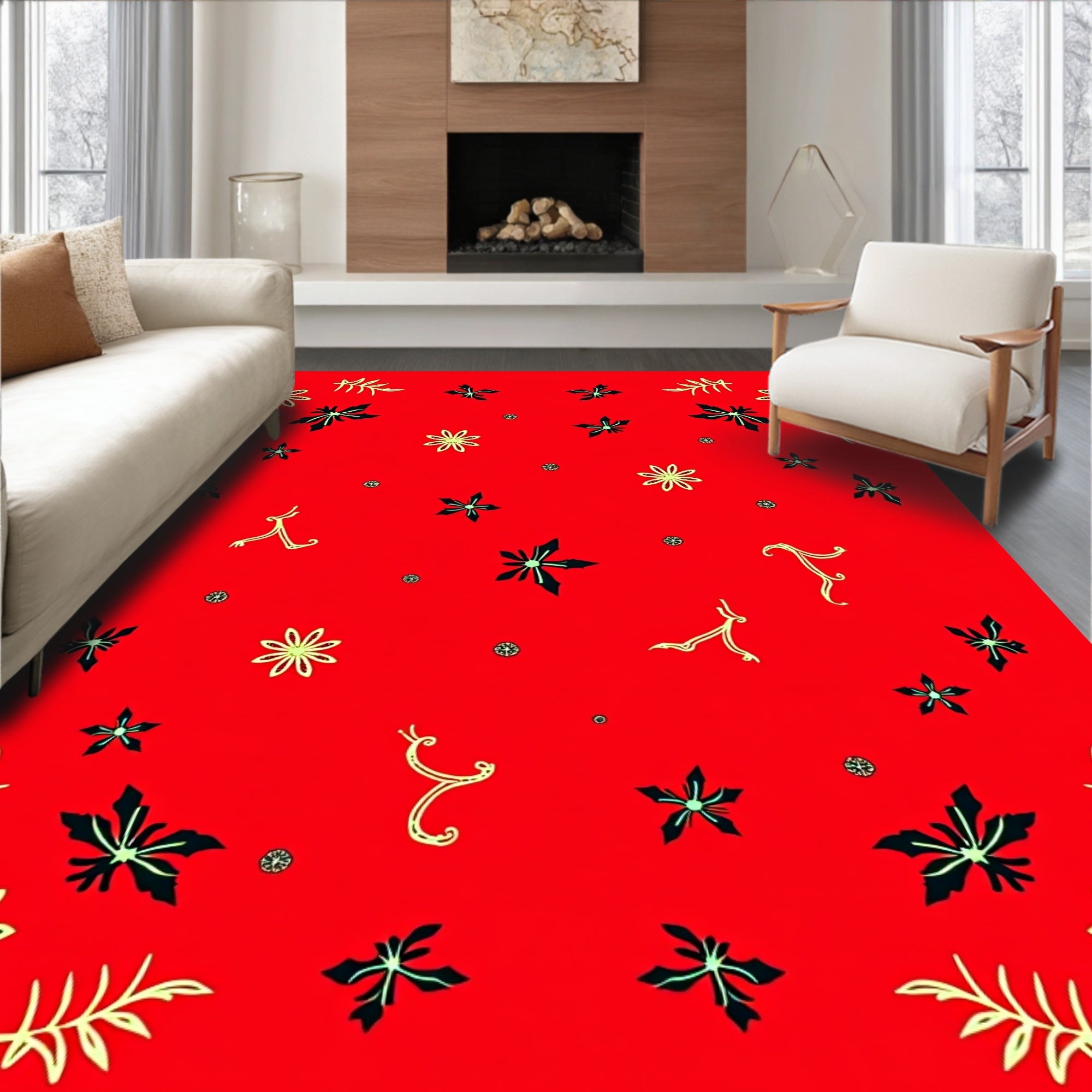 Red Floral Scatter With Twirls Rug