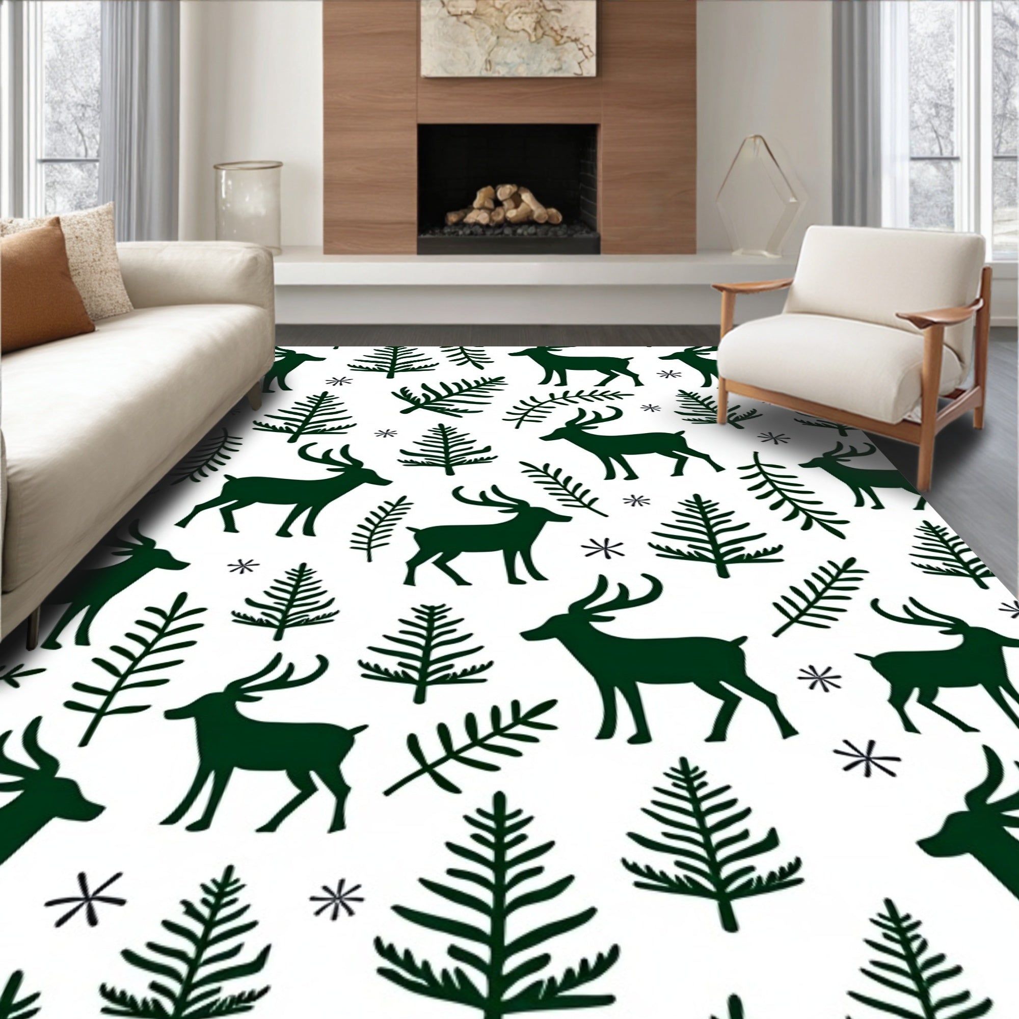 Dark Forest Deer Pine Branches Snowflakes Rug