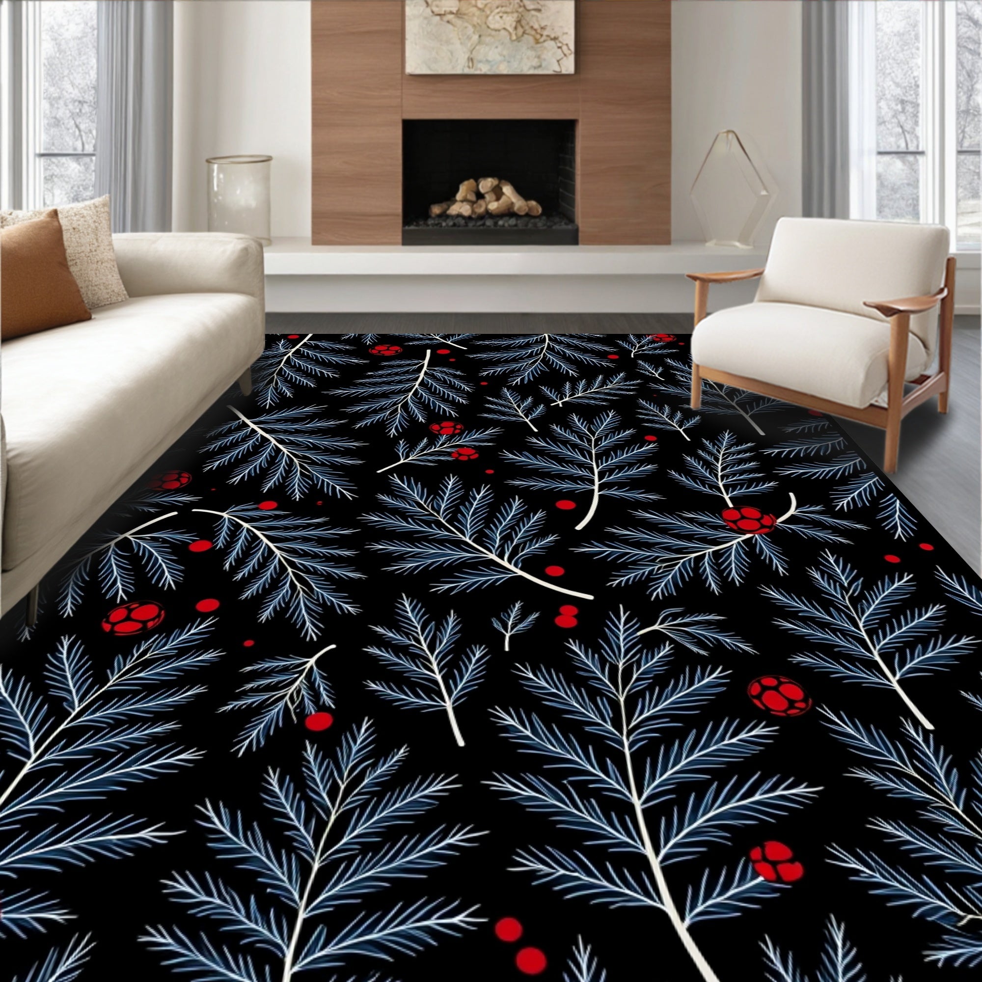 Festive Red Berries Pine Branches Rug