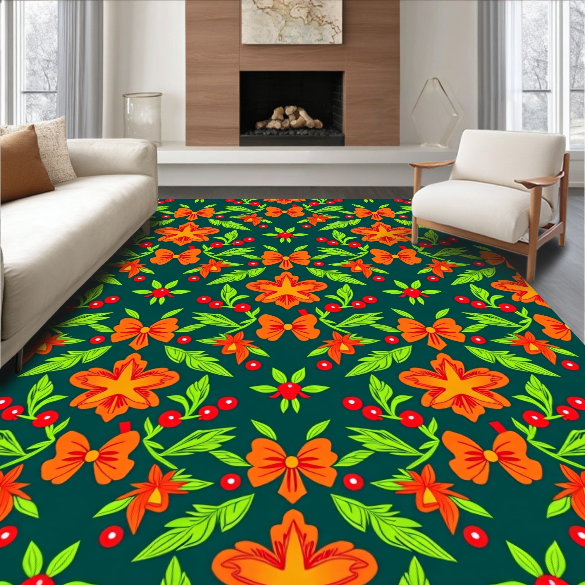 Bold Orange Floral Berry Garland Rug
