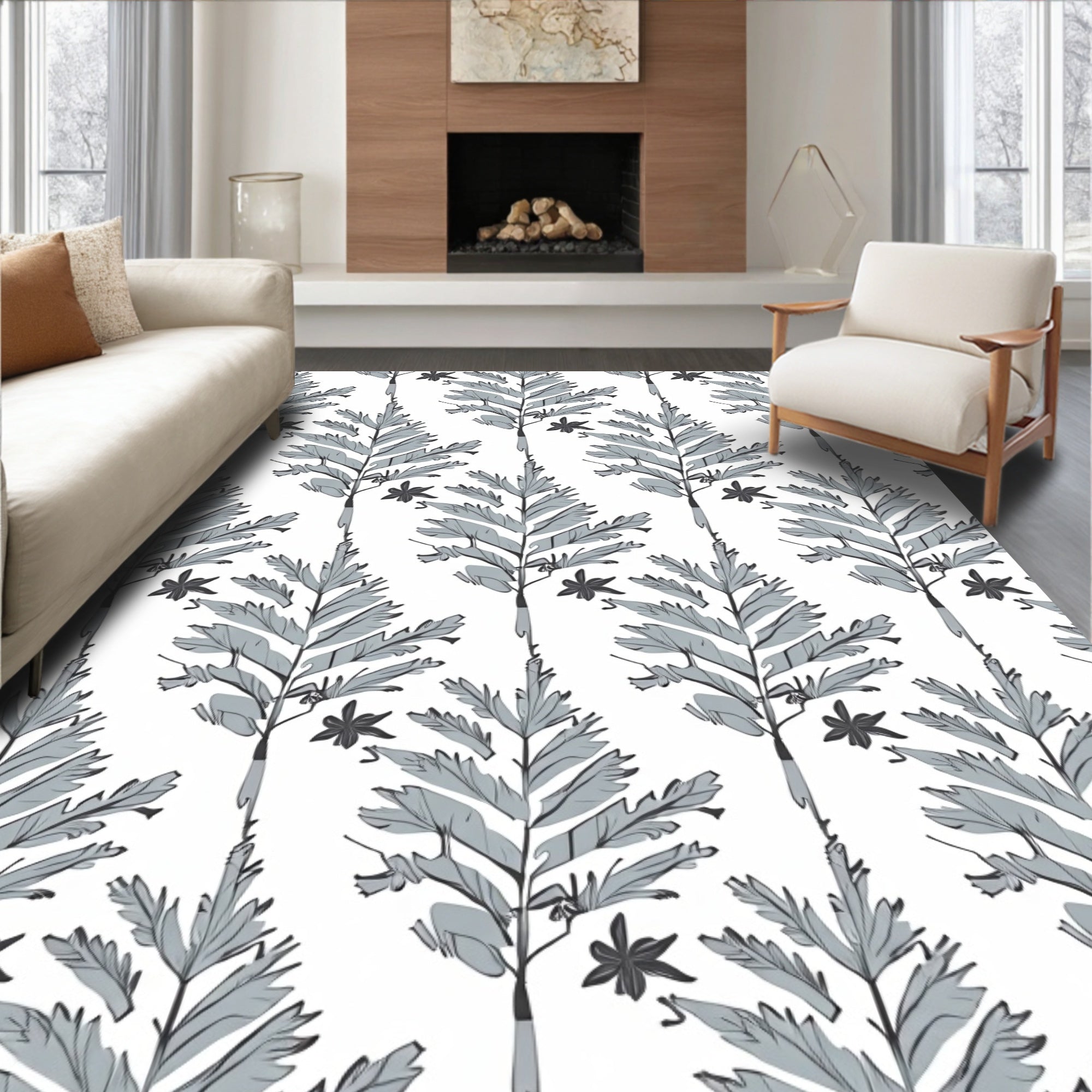 Gray Fern Leaf Botanical Repeat Rug
