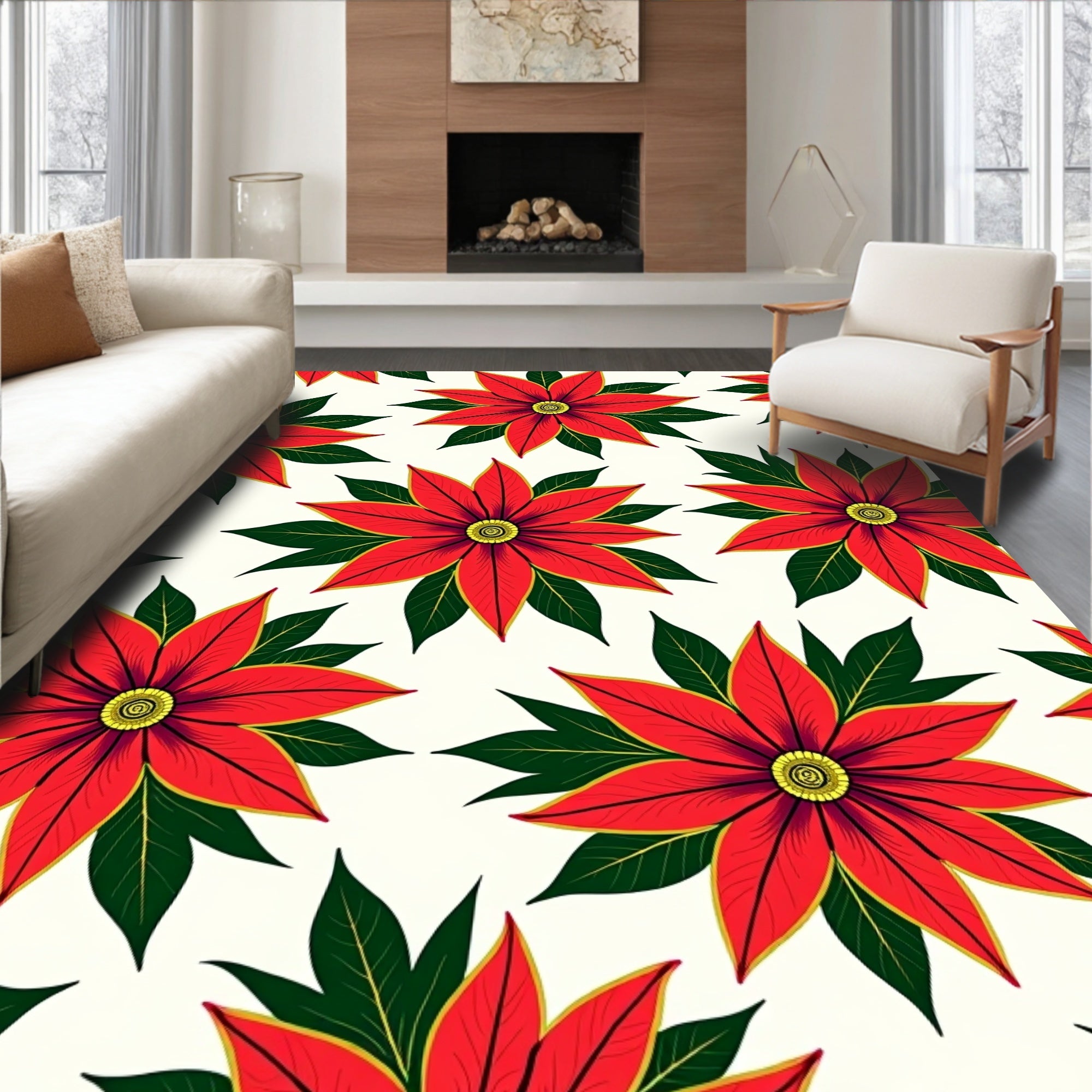 Crimson Poinsettia Foliage Floral Rug