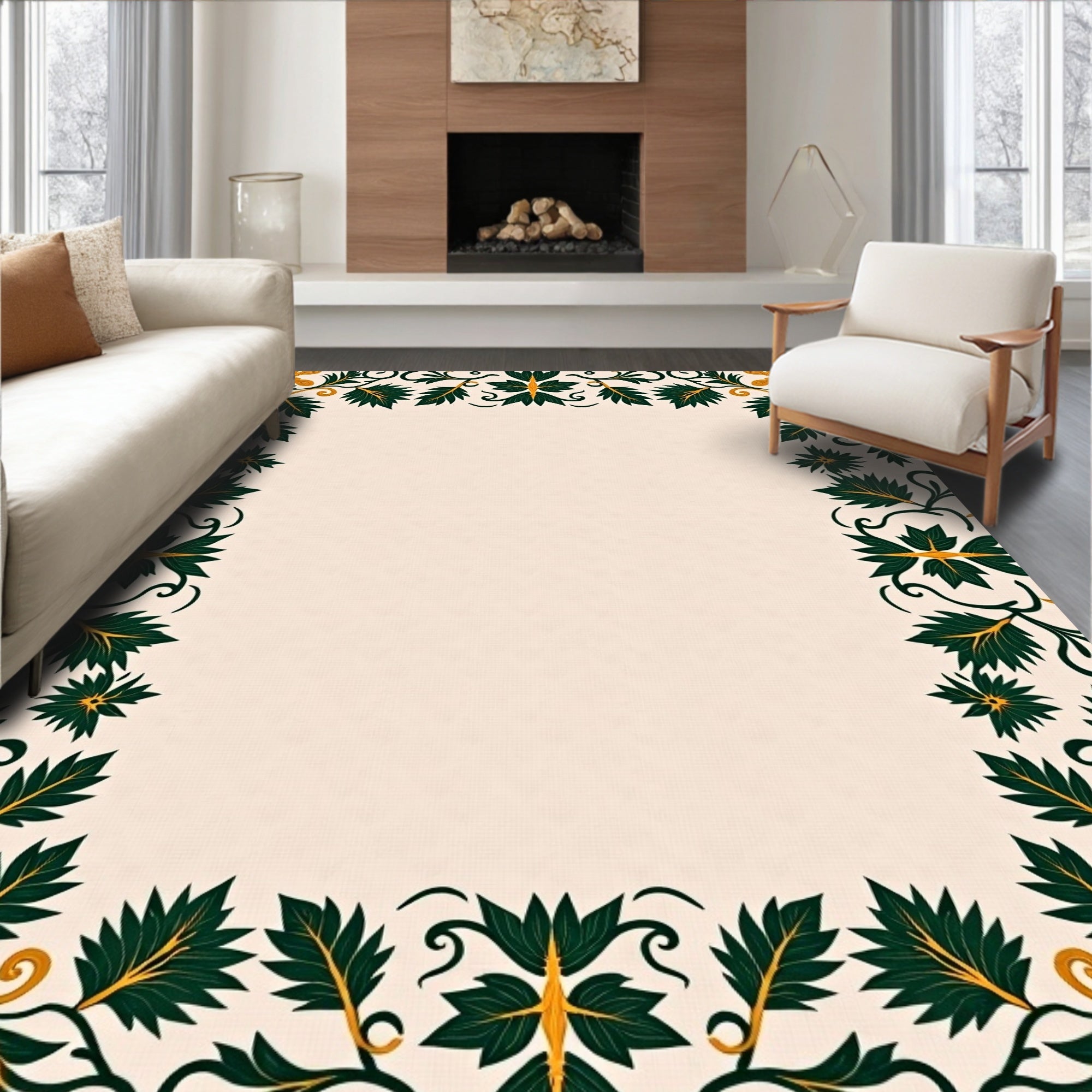 Emerald Green Gold Leaf Scrollwork Rug