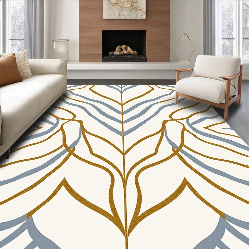 Golden Ochre Blue Curving Leaf Rug