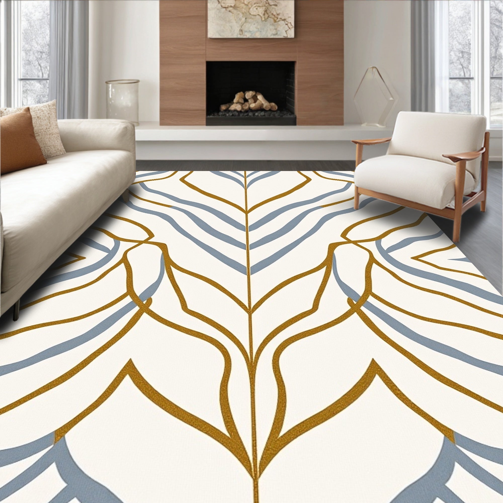 Golden Ochre Blue Curving Leaf Rug