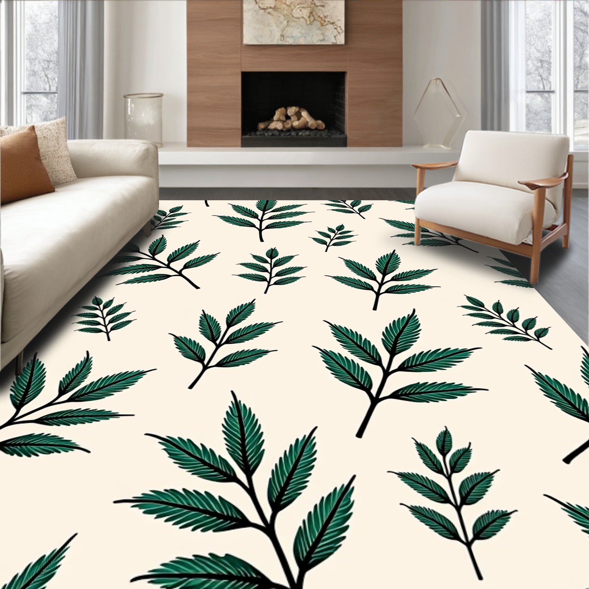 Deep Forest Green Fern Branches Rug