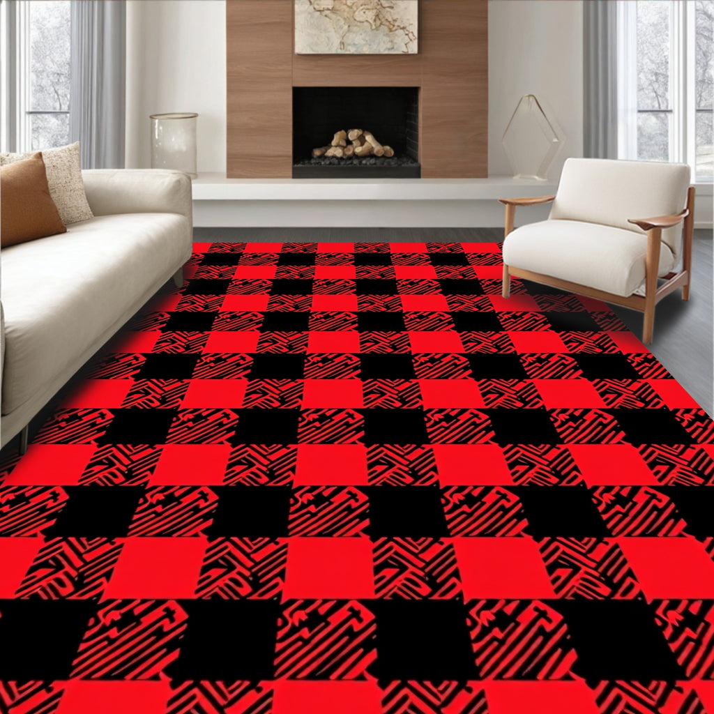 Red Black Checkered Abstract Squares Rug