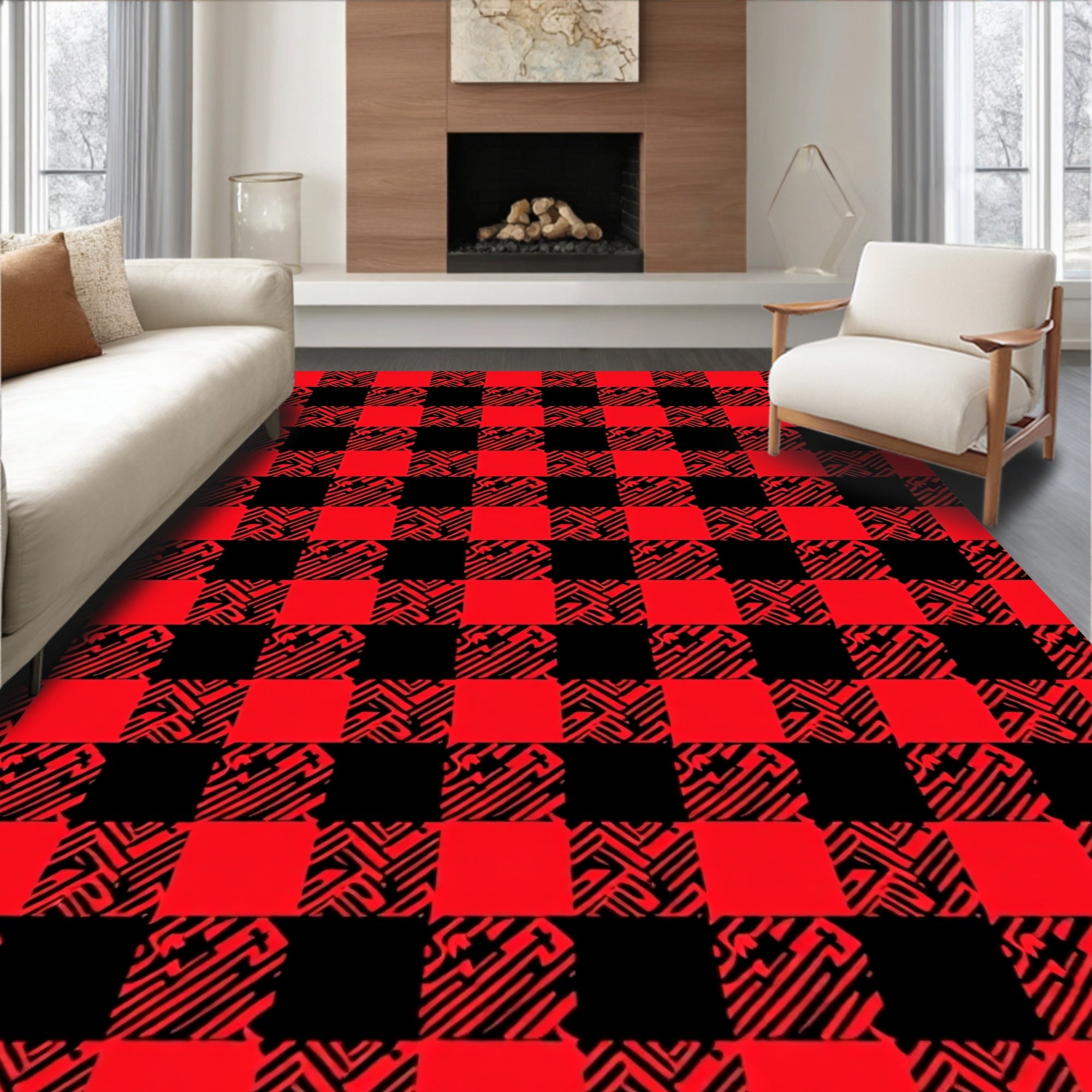 Red Black Checkered Abstract Squares Rug