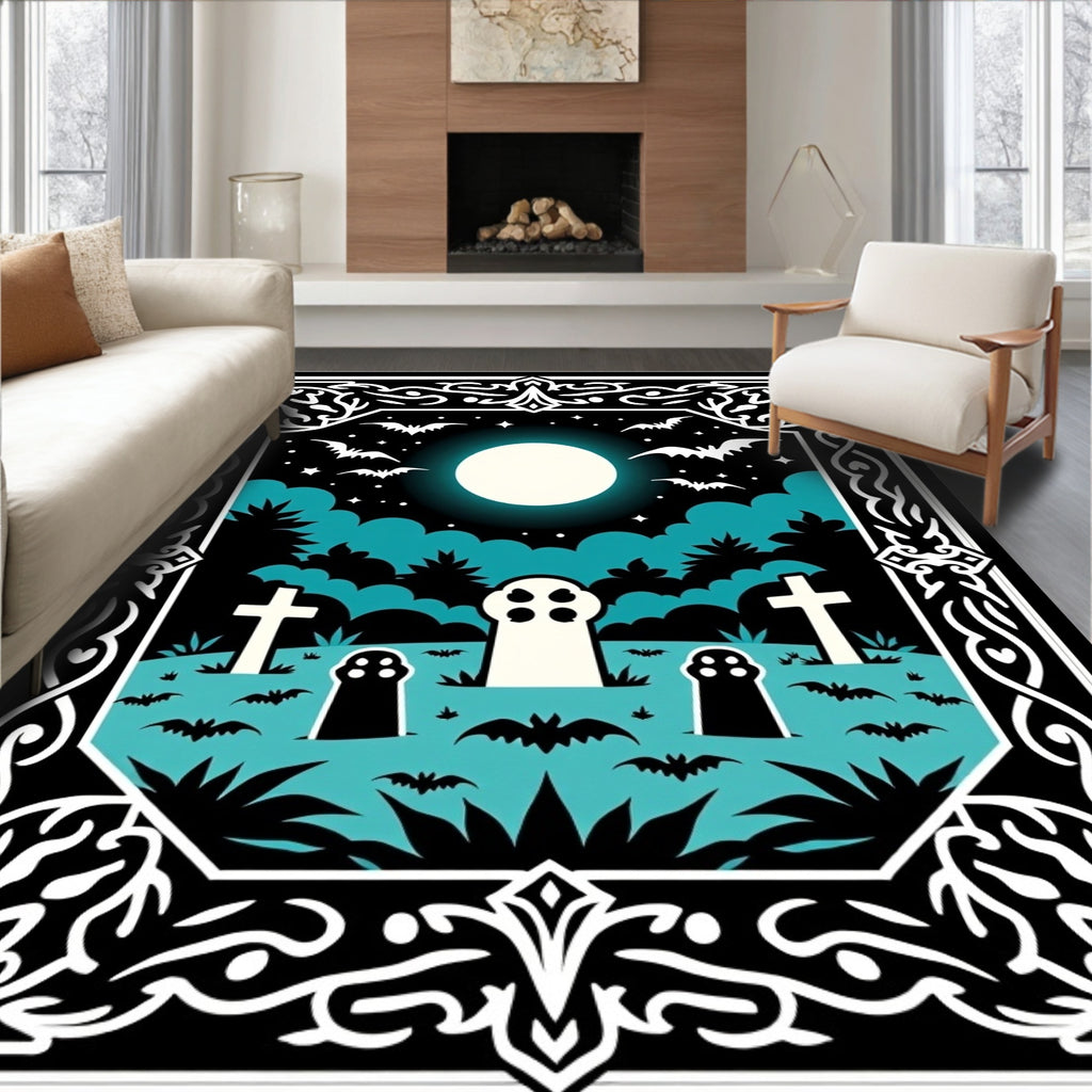 Halloween Haunted Graveyard Moon Bats Rug