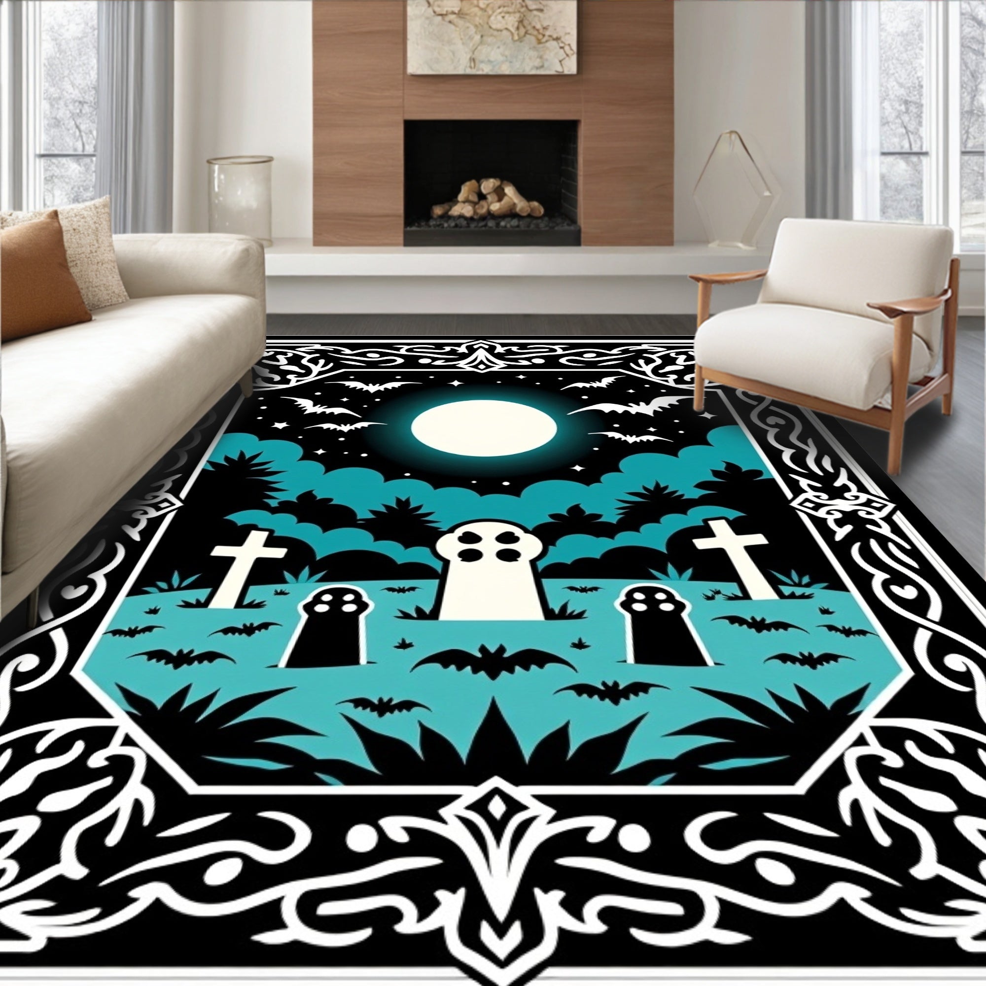 Halloween Haunted Graveyard Moon Bats Rug
