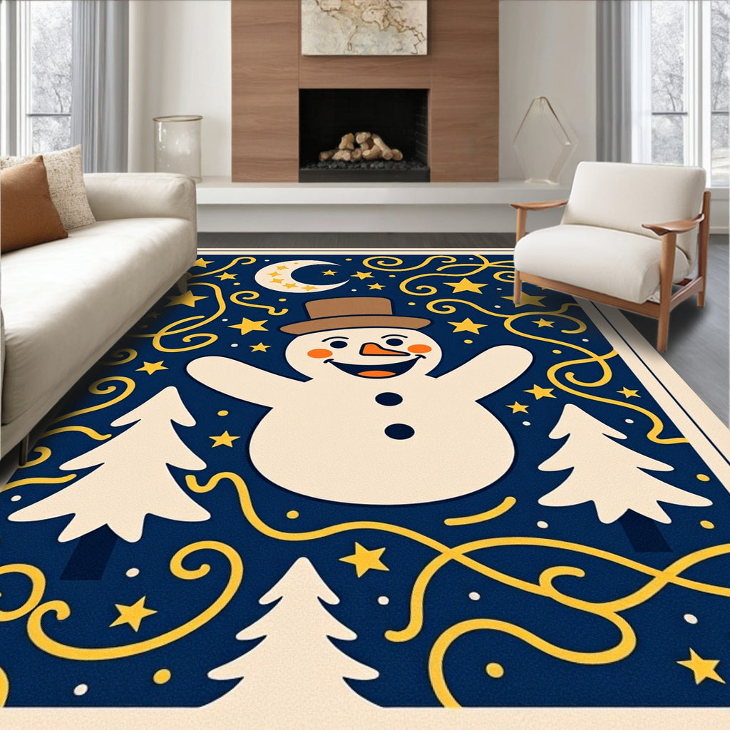 Winter Snowman Moon Stars Trees Swirls Rug