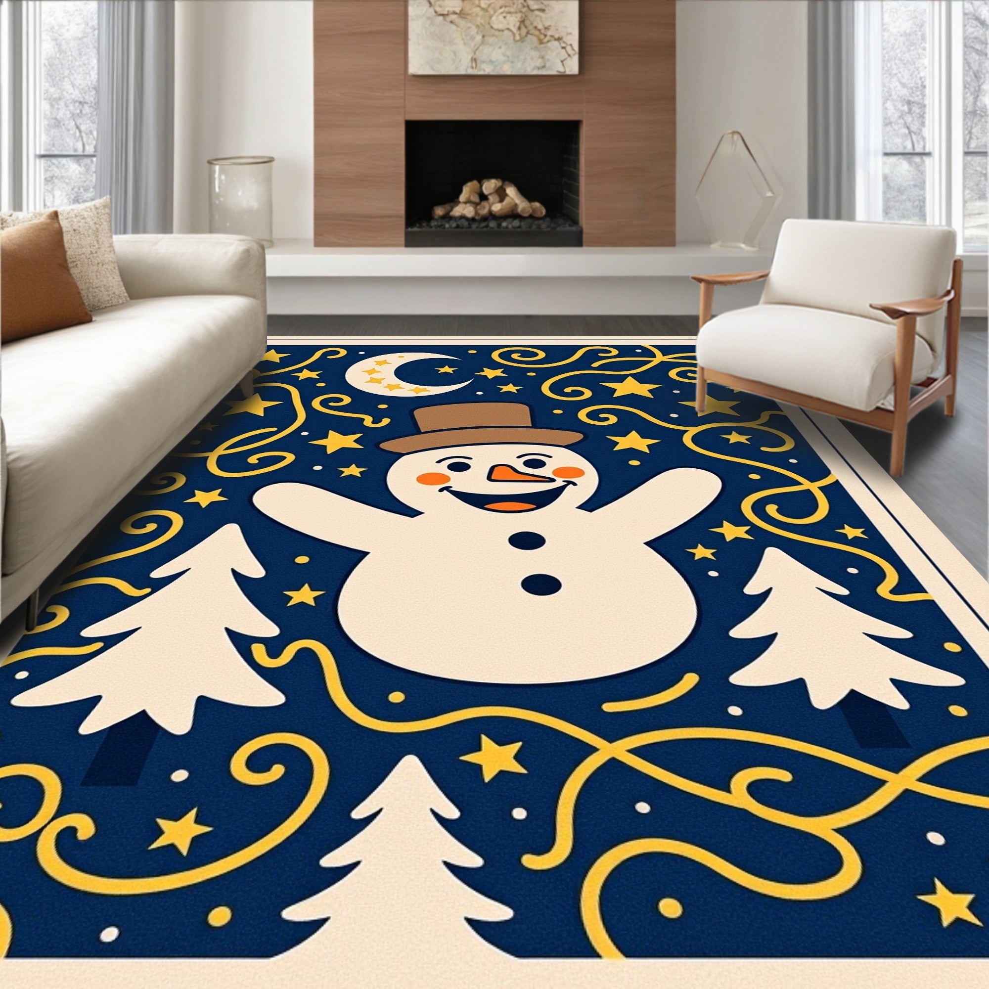 Winter Snowman Moon Stars Trees Swirls Rug