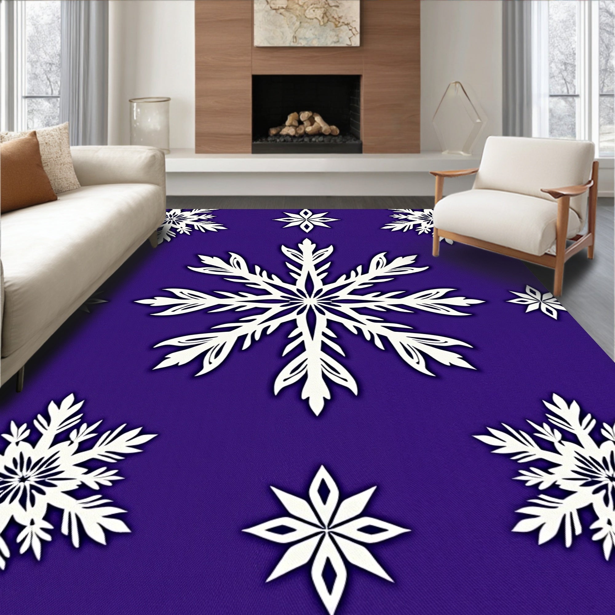 White Snowflake Collection on Purple Background Rug