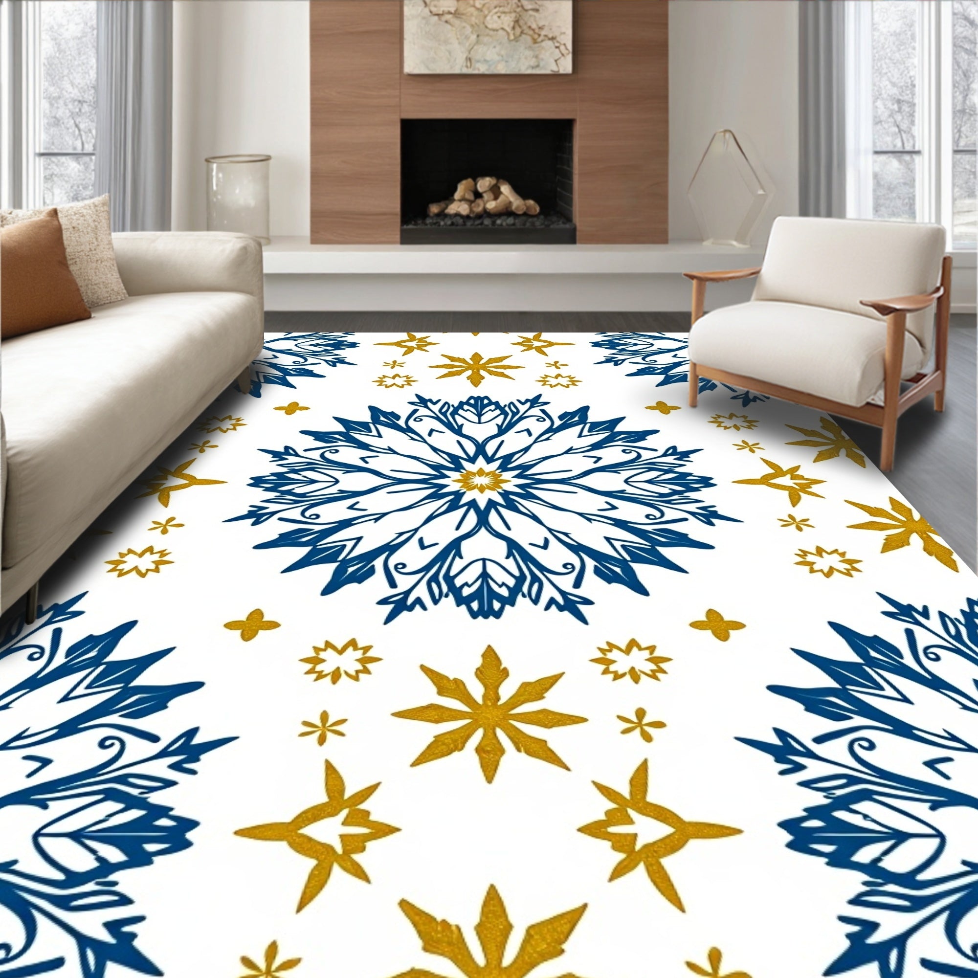Navy Gold Snowflake Mandala Rug
