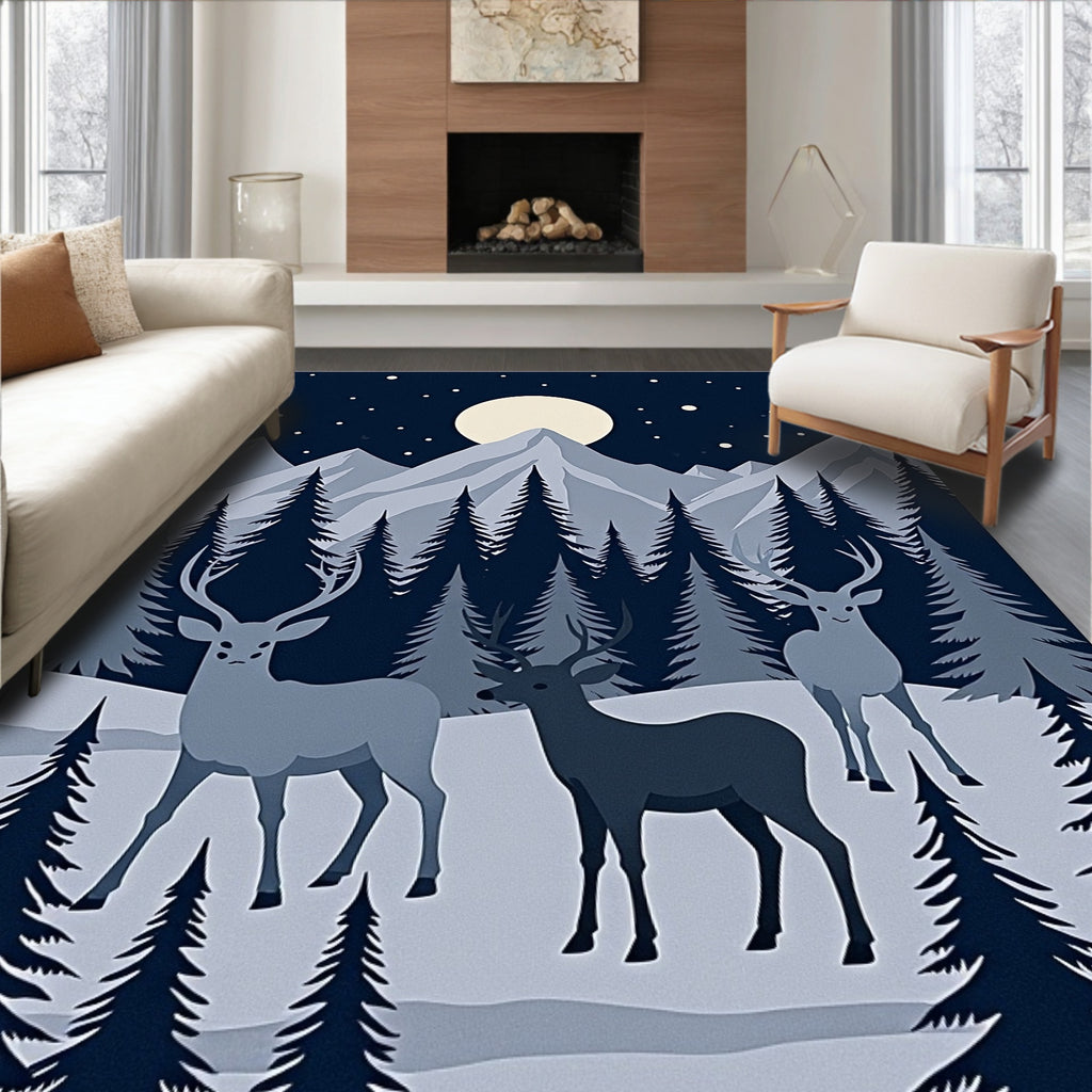 Midnight Winter Deer Moon Forest Rug