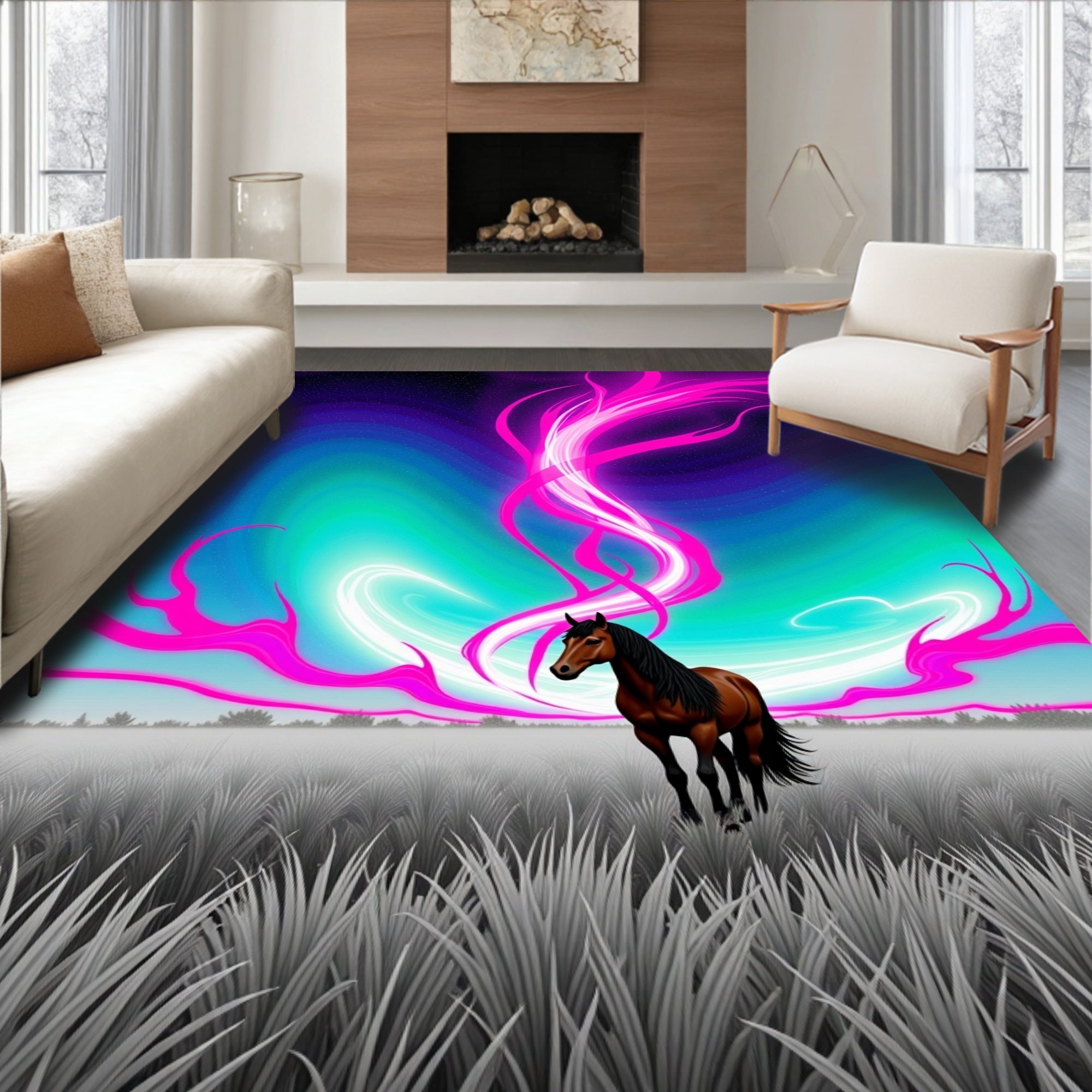 Majestic Horse Vibrant Aurora Sky Rug