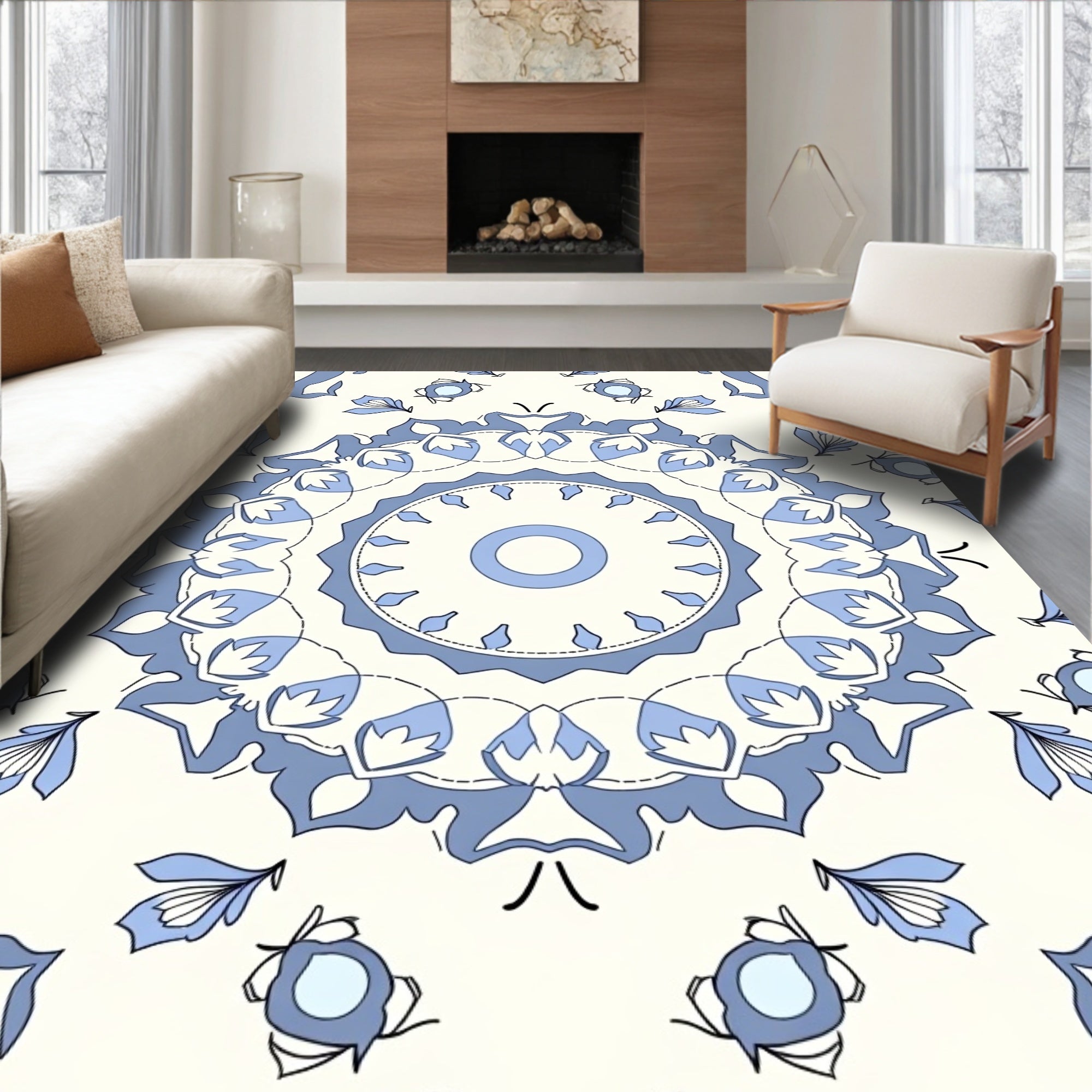 Light Blue Floral Medallion Mandala Rug