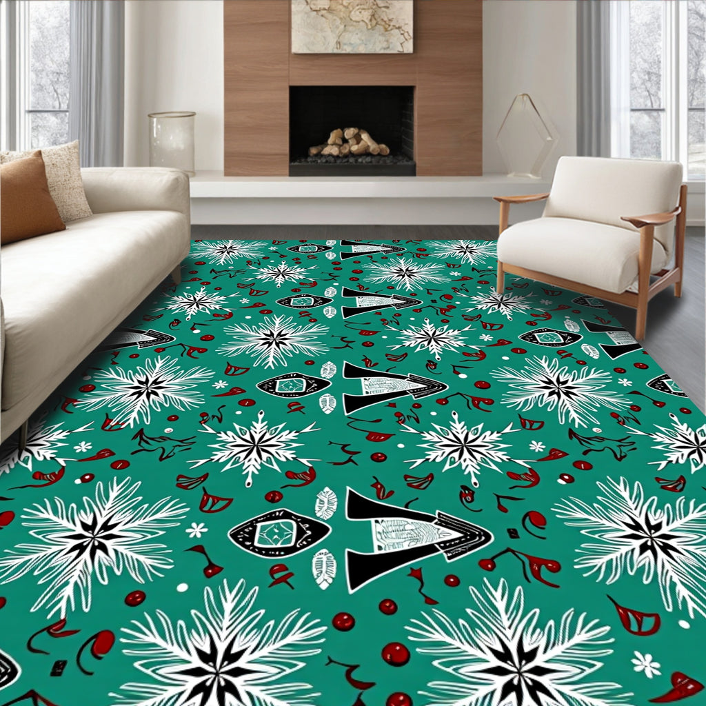 Teal White Red Snowflake Geometric Rug