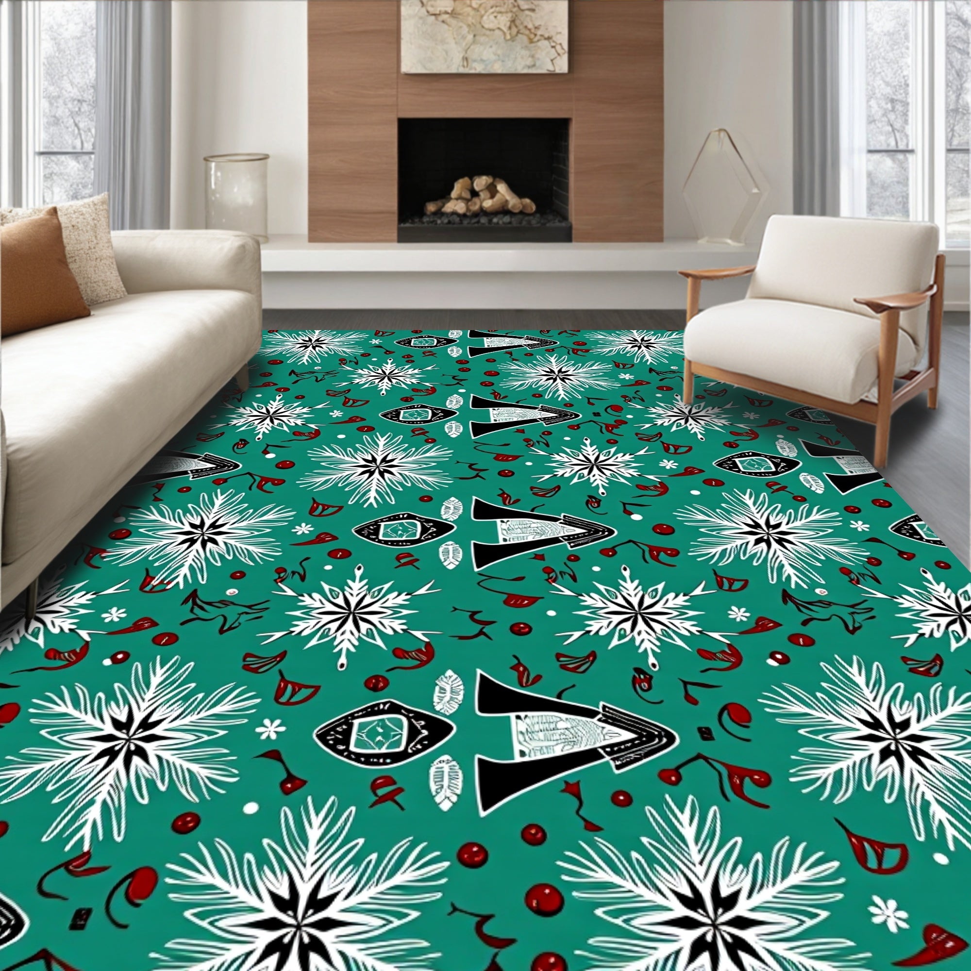 Teal White Red Snowflake Geometric Rug